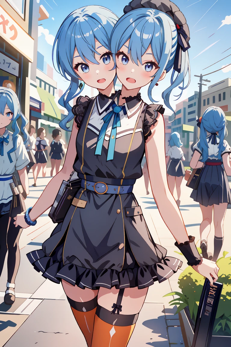 (masterpiece, best quality), best resolution, 16k, (2heads:1.5), close-up, 1girl, solo, HoshimachiSuisei, side ponytail, blue hair ribbon, SuiseiStreet, long hair, half updo, black beret, black dress, collared dress, sleeveless, bow earrings, lace choker, neck ribbon, black belt, orange pantyhose, o-ring thigh strap, single garter strap, (cheek-to-cheek), ((hand holding a wallet)), ((look around, look at the sky)), surprised, frustrating, walking, open mouth, city, Shopping Street, street vendor, morning