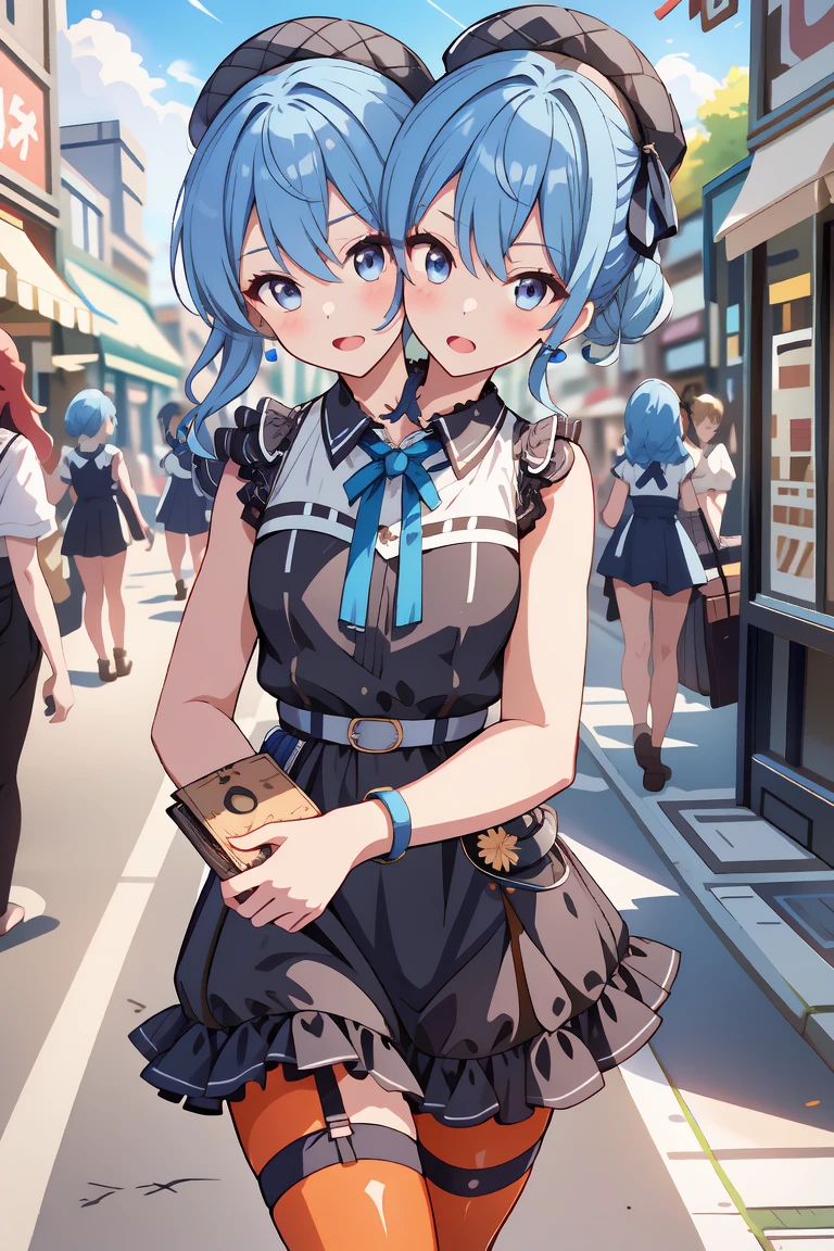 (masterpiece, best quality), best resolution, 16k, (2heads:1.5), close-up, 1girl, solo, HoshimachiSuisei, side ponytail, blue hair ribbon, SuiseiStreet, long hair, half updo, black beret, black dress, collared dress, sleeveless, bow earrings, lace choker, neck ribbon, black belt, orange pantyhose, o-ring thigh strap, single garter strap, (cheek-to-cheek), ((hand holding a wallet)), ((look around, look at the sky)), surprised, frustrating, walking, open mouth, city, Shopping Street, street vendor, morning