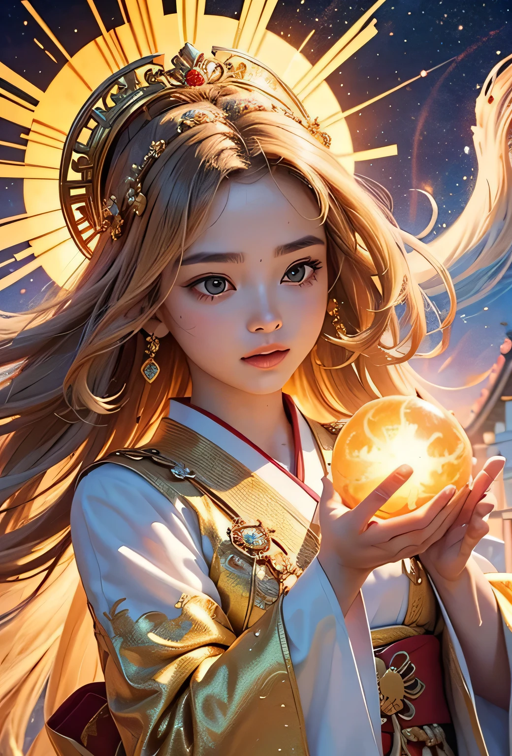 "Child of the Sun, Goddess of Love": Within a sacred sanctuary bathed in sunlight, depict the figure of a sun goddess who governs love, facing forward and emanating divine radiance. She is a , around 3 . Zoom in to focus on her face, with a gleaming orb of light in her hands, representing the life-giving power of the sun. Her hair is shimmering gold, and she is wearing a traditional miko outfit as seen in Japanese shrines. The background should be predominantly gold, evoking a sense of divine splendor, with numerous heart-themed objects expressing the beauty of love. The setting is in heaven, enveloped in soft, bright light, where one can find tranquility and peace of mind, free from any trace of anxiety.