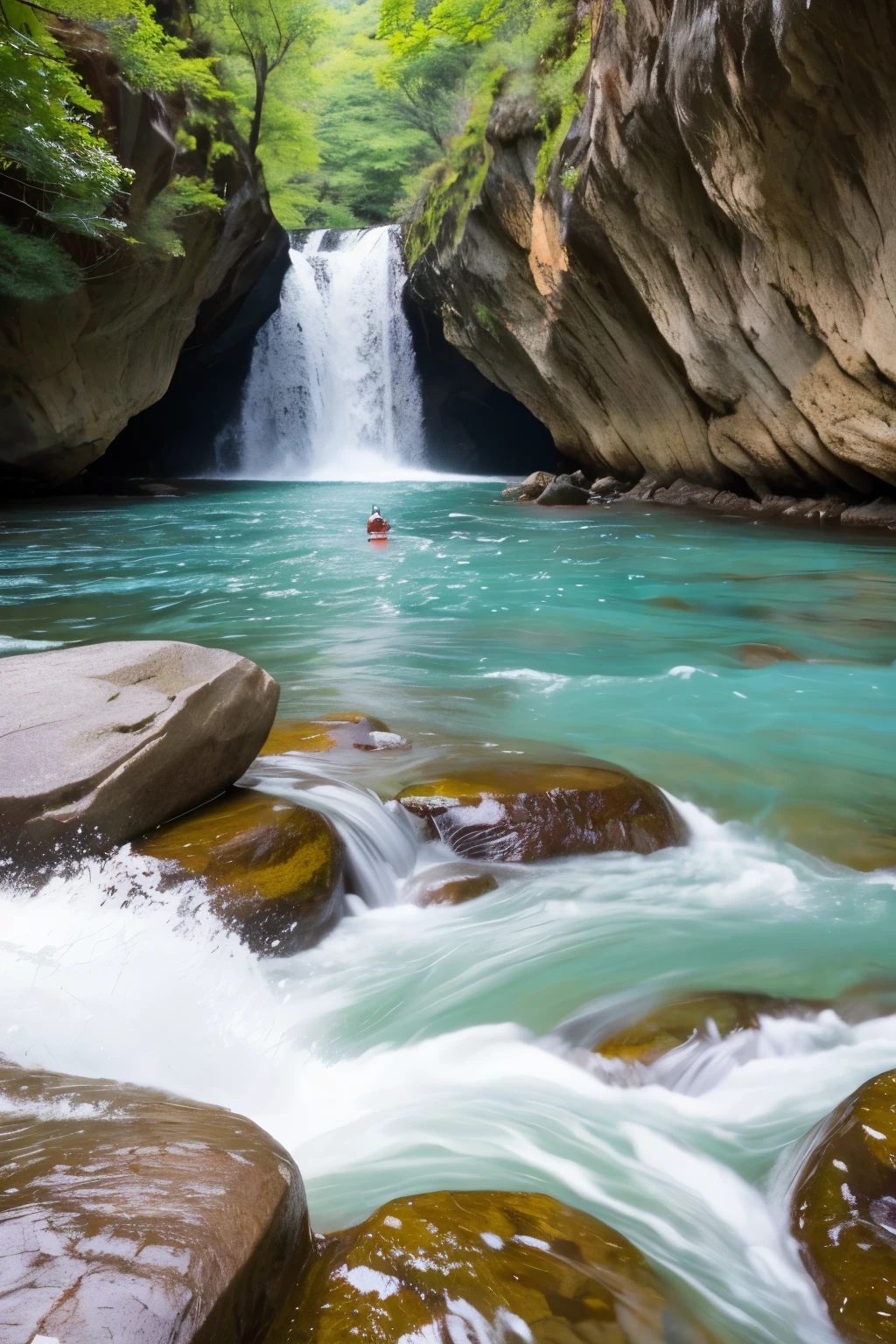 秋teeth紅葉の保津川下り」teeth、This is a tourist activity where you can enjoy the beautiful scenery dotted with rapids and huge rocks.。、、Close-up、Splash。