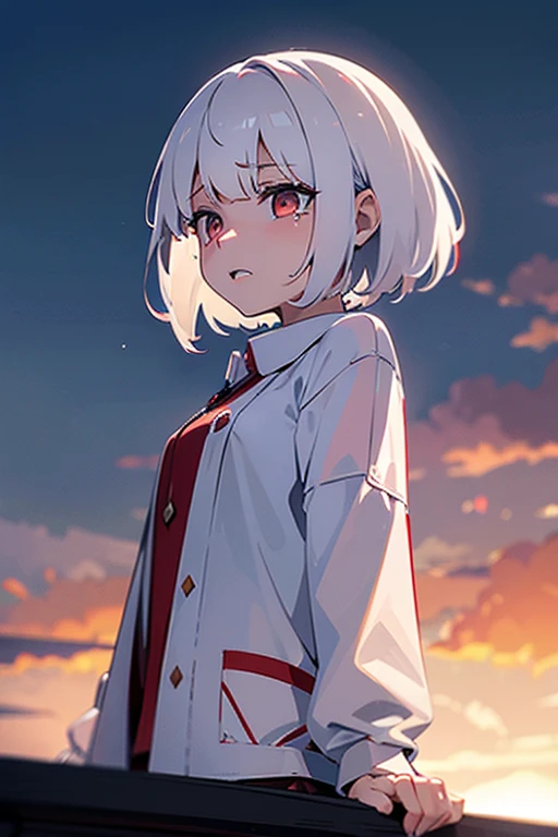 Teenage girl, devil girl, small red horns, white hair, short fluffy hair, big red eyes, pale skin, rosy cheeks, wearing a white t-shirt with a red stripe, gold lines on the shoulders, white shorts with red lines on the sides.