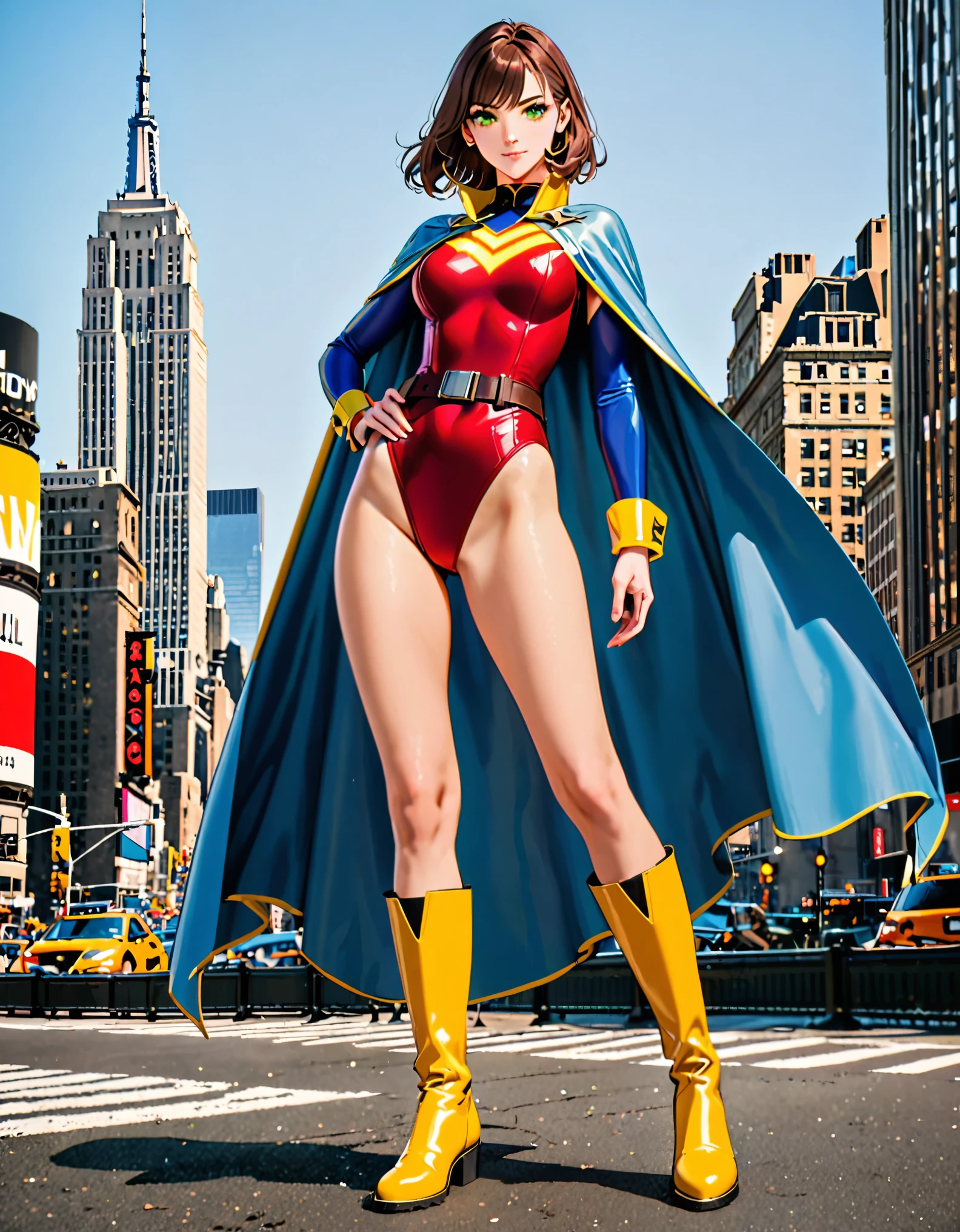 onoff illustration of superwoman standing action posing style of DC-comics, smiling, paris on the front lines of WW2 isometric cinematic low angle medium shot detailed high quality highres high saturation