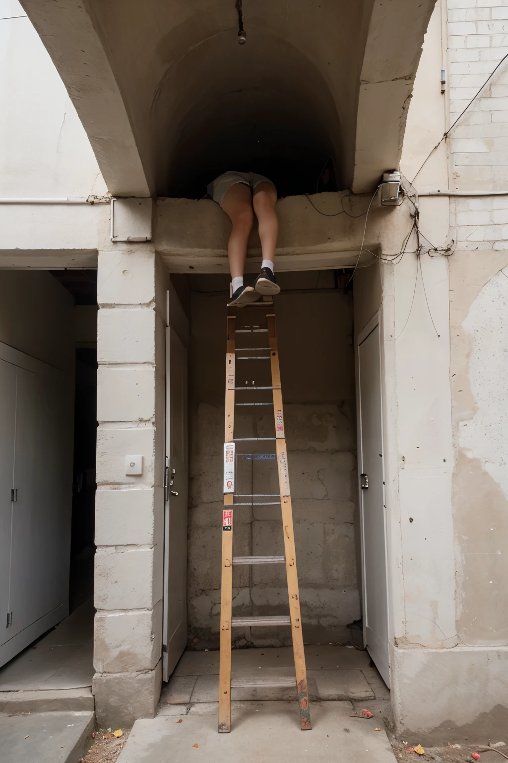 tmasterpiece,Abandoned toilet stairwell,Garbage all over the ground,grimy,full-body portraits,Sexy standing pose,Slim legs,very beautiful long slim legs,The barefoot,exhibitionists,full body exposed,Exposing the genitals