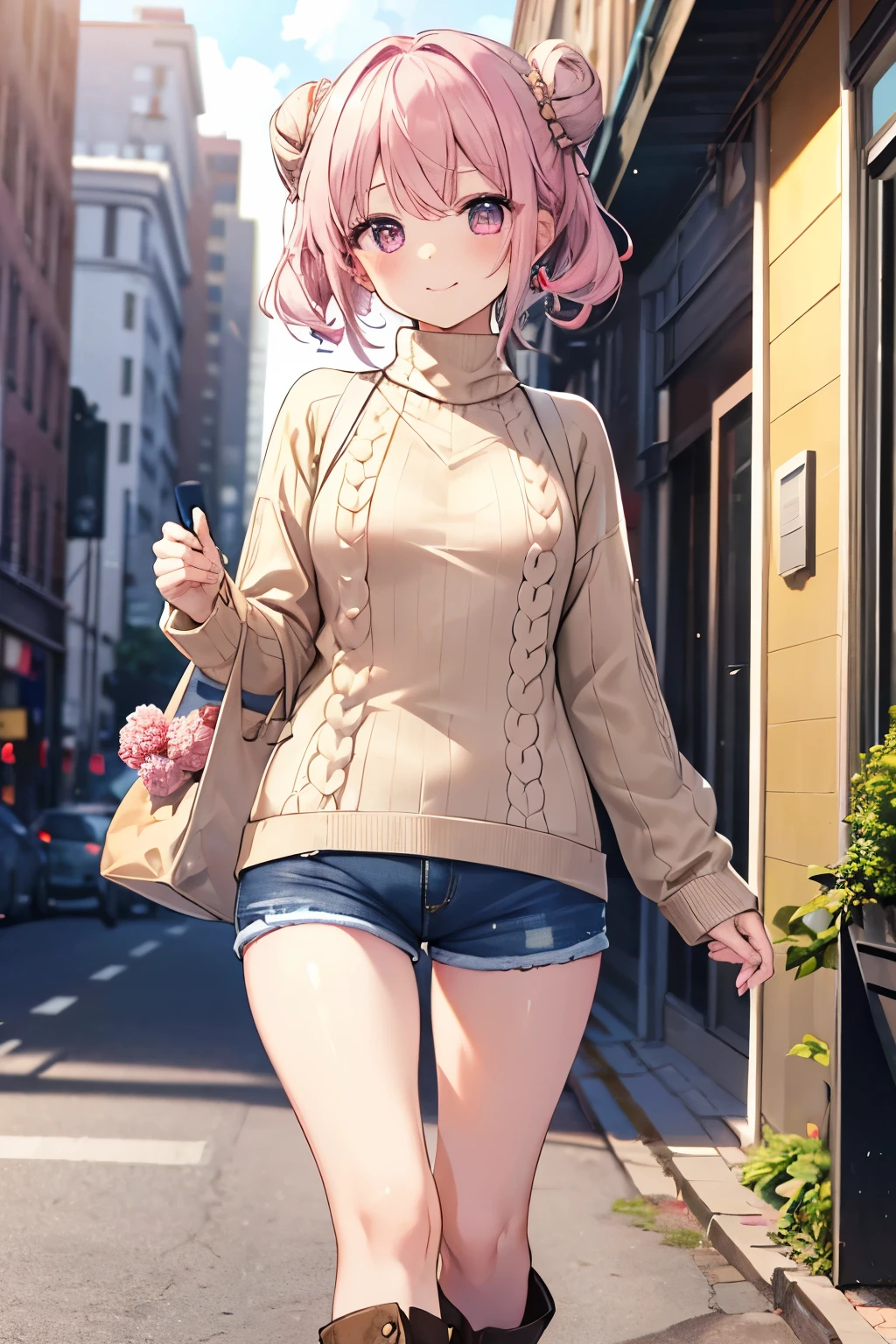 Pink Hair、Pink Eyes、girl、Small breasts、Hair Bun、girl、Small breasts、Lolita、Bright smile、Looks about 15 years old、Petan Musume、short、目のhighlight、Sexy thighs、Walking Outside、blue sky、(Long knit sweater with beige high neck:1.4), ,(Blue jeans fabric shorts),(Black boots)、(Small Black Enamel Bag)、Your eyes are so beautiful、highlight