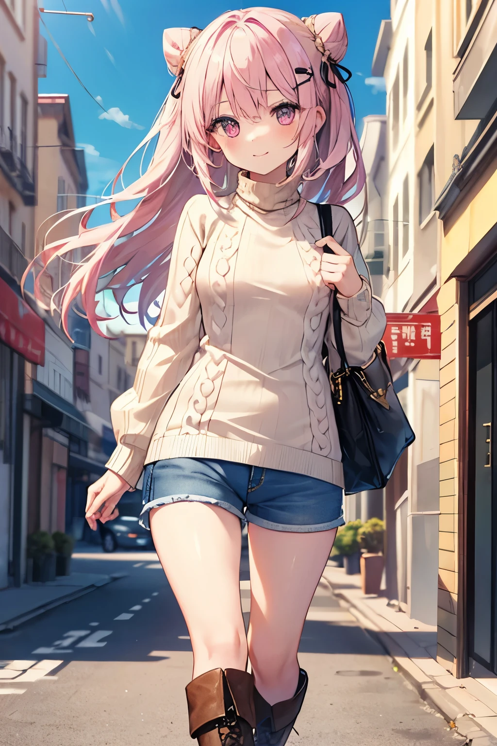 Pink Hair、Pink Eyes、girl、Small breasts、Hair Bun、girl、Small breasts、Lolita、Bright smile、Looks about 15 years old、Petan Musume、short、目のhighlight、Sexy thighs、Walking Outside、blue sky、(Long knit sweater with beige high neck:1.4), ,(Blue jeans fabric shorts),(Black boots)、(Small Black Enamel Bag)、Your eyes are so beautiful、highlight