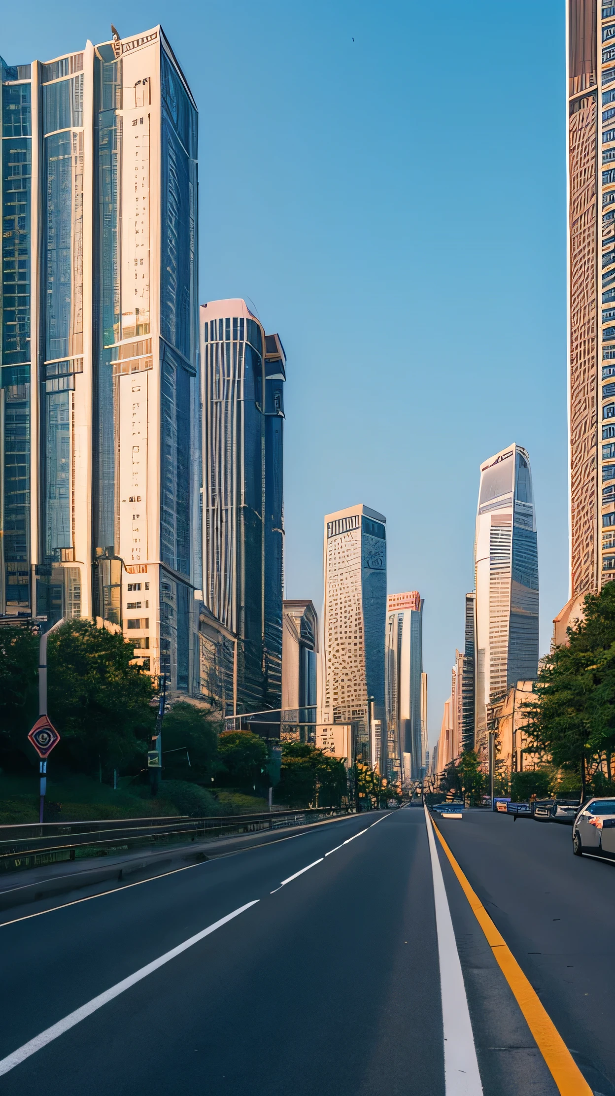 A three-lane road between towering buildings in the early morning