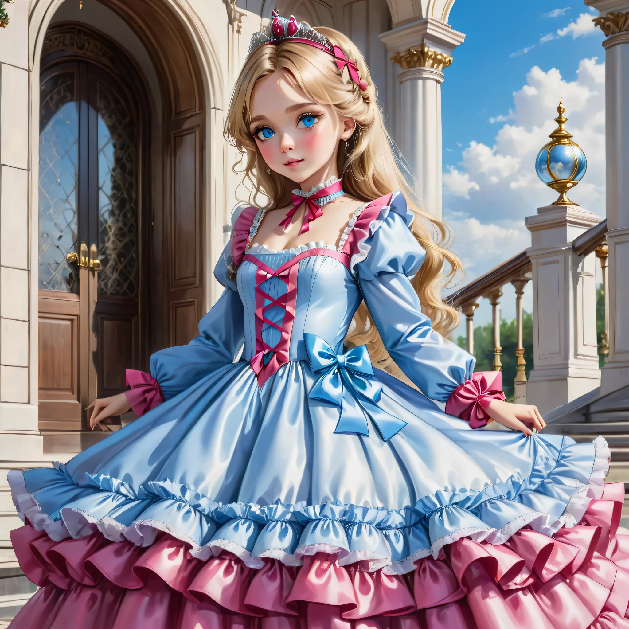 ,highest quality, masterpiece, highest resolution, artwork, 3K realistic photos,,((10 year old little girls)),Super detailed baby face,both are princesses,Full length ball gown dress with hoop skirt,ruffled yoke collar,Detailed braided ribbon on chest,puff sleeves,long sleeve,((Lolita style hot pink detailed princess satin dress、Comes with lots of frills and ribbons。)),shiny silk satin dress,soft and smooth silk satin fabric,luxury,Very long blonde hair,blue eyes,white skin european,pajamas,((Outside the palace)),Princess dancing happily,gorgeous flowing dress,fine white frills and lace,Super long hair that is as tall as your body,the princess is running