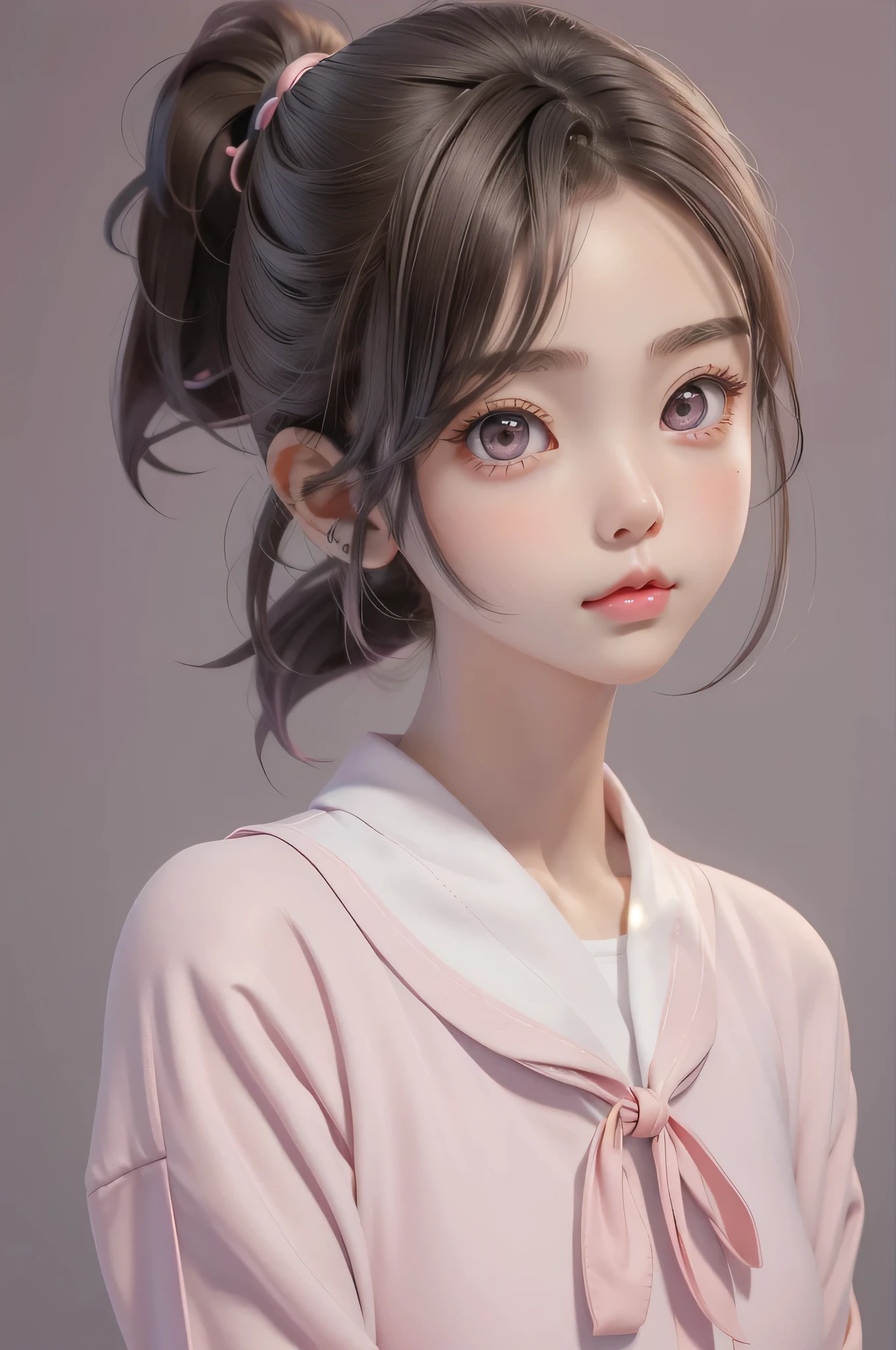 One girl, Short brown hair, Big eyes, Grey Eyes, Sharp features, White skin, Pink Lips, ponytail, Sailor suit, Symmetrical eyes