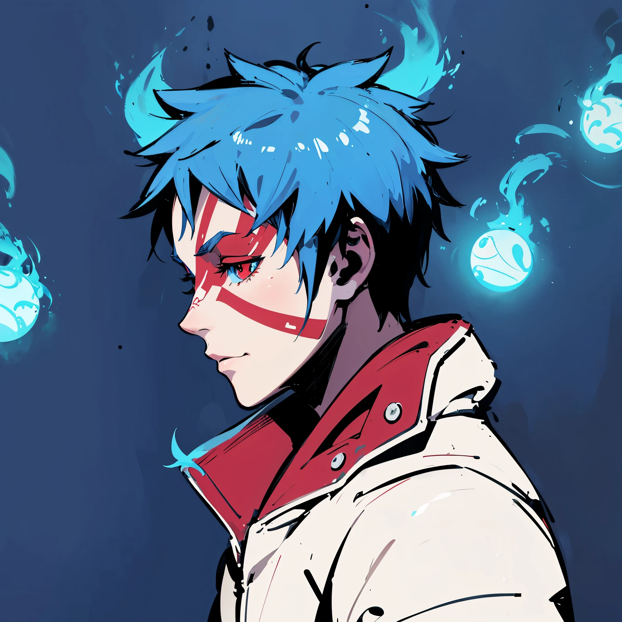 Anime style, detailed digital illustration of a young character with blue spiky hair, red and white tribal face paint, and a white and red jacket, sitting at a wooden desk in a cozy, warmly lit room, writing on a piece of paper with a pen in hand and smiling happily, surrounded by glowing blue orbs of fire, highly detailed, trending on ArtStation, cinematic composition, cartoon
