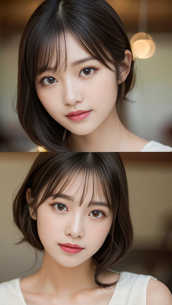 a beautiful japanese girl, intricate details, random hairstyle, (best quality,8k,ultra-detailed,hyper-realistic,photorealistic,masterpiece:1.3),extremely detailed face and eyes,long eyelashes,beautiful skin,flawless,natural lighting,cinematic composition,vibrant colors,stunning,A portrait of a Japanese woman with fair, translucent skin. She has large, almond-shaped double-lidded eyes with long eyelashes, a small face with a sharp jawline, a small and well-defined nose, thin natural lips, and long, straight, shiny black hair. She is wearing natural and subtle makeup with a touch of peach-colored blush, and has a gentle smile and a soft expression. She is dressed in simple, clean attire and is posed in a relaxed manner in a naturally lit indoor setting.