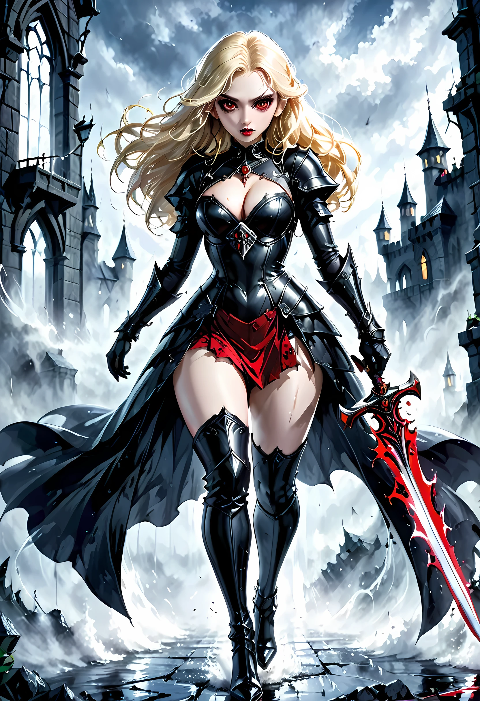 modisn disney, Arafed, action shot, Dark fantasy art, fantasy art, goth art, a picture of a female vampire, exquisite beauty, full body shot, dark glamour shot, pale white skin, blond hair, long hair, wavy hair, (glowing grey: 1.3) eyes, she wears a (red: 1.3) red thigh suit, ArmoredDress, she holds a sword in hand, (ready for battle: 1.4) , the roses are imprinted on the suit (black: 1.4) black roses, high heels, dark castle, dark, black and color, Dark Art Painting Style, flower dress, dark novel