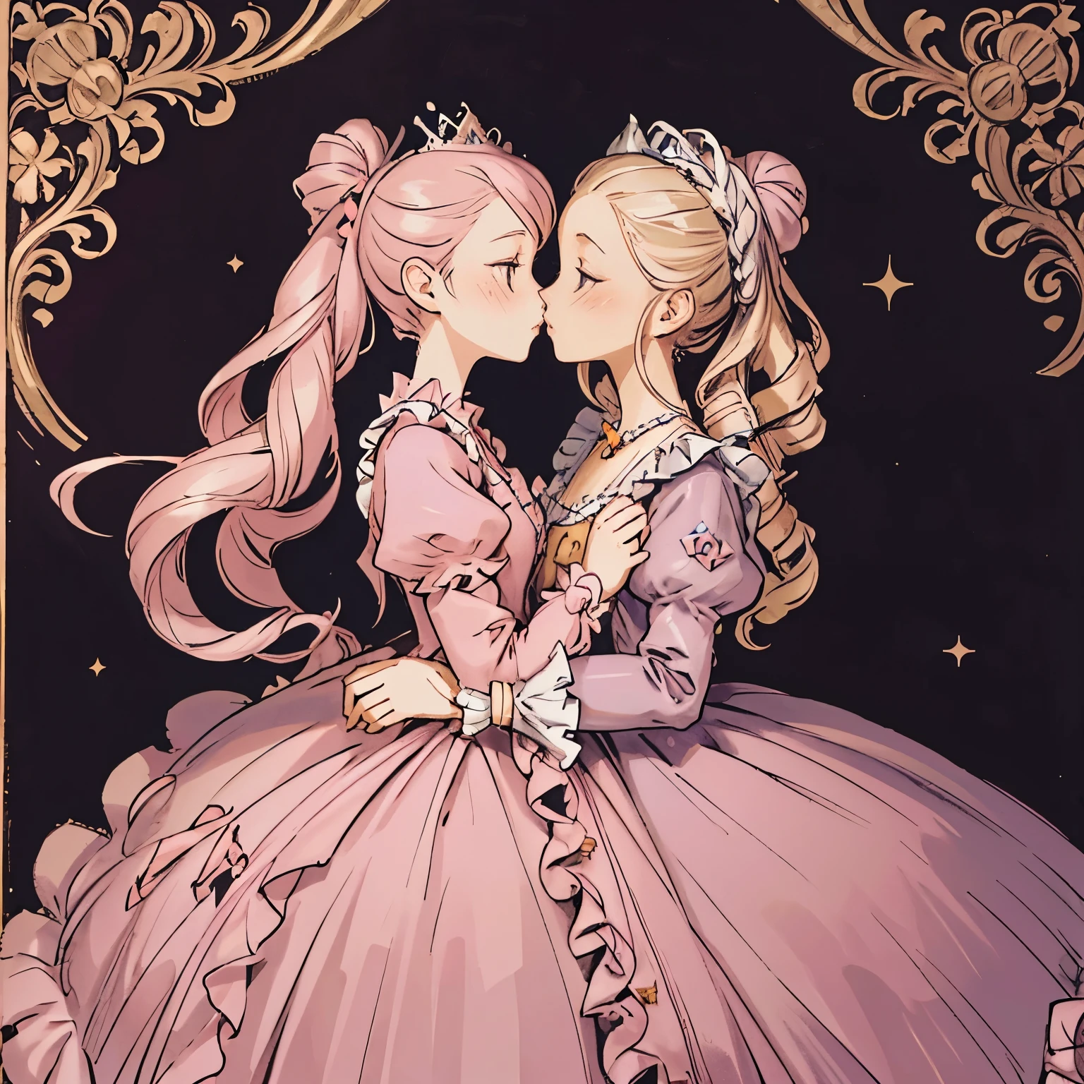 highest quality, masterpiece, highest resolution, artwork, super それにget used to it, many get used to it, get used to it, それにget used to it, woman, 10 years old,the two girls are princesses,(((A pink Marie Antoinette-like rococo-style voluminous ballgown dress))),long sleeve,ruffled sleeves,(ruffled yoke collar),long dress,A dress with lots of frills and ribbons..wears a tiara on the head,luxury,two people kiss,