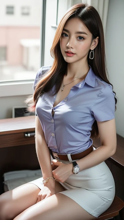 (8ก,high resolution,Masterpiece, best quality, alone, complicated details, Chromatic aberration), realistic, ((small breasts)), hair in one eye, big round hoop earrings, Diamond choker, Gold Necklace, silver necklace, small watch, bangle, bracelet, bangleข้อเท้า, waist necklace, (symmetrical eyes),(Perfect symmetrical body), (Photo of a beautiful age girl of 24 years old), Beautiful and charming with contemporary fashion paintings as well..., looking at the audience, ((Behind the scenes of a large classroom)), (black short skirt), (((Wear a blue shirt over it..., ((white short sleeve, เสื้อopen chest), ((เปิดเสื้อโชว์small breastsน้อย, no bra,)), (open chest), (Sagging breasts.))), (()), (Long square leather belt buckle), ((Put your hands down.)), (Bob, medium length hair, pinch, Side flatness, brass colored hair, (There is a thin layer of hair covering the face...)), sharp eyeliner, eyelid, Blush, have thick eyelashes, sharp eyes, purple eyes, pink cheeks, Very delicate and beautiful, round chin, Sharp focus, elegant, (Open your legs on the study table...), (Sit facing out and looking at the camera...), (Open your legs and lift your right leg over your left leg...), (), It's an attractive example., (Sagging breasts.)