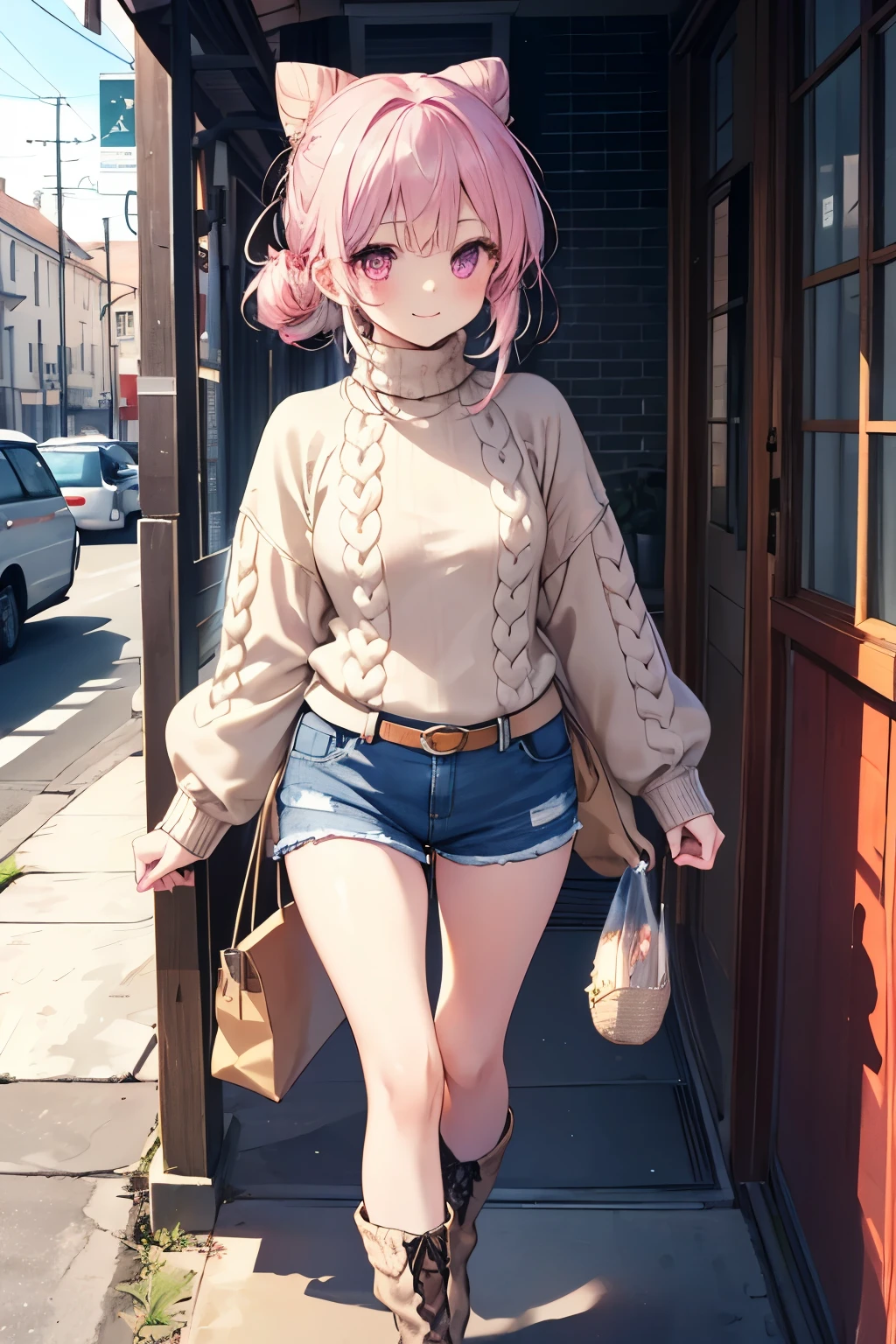 Pink Hair、Pink Eyes、girl、Small breasts、Hair Bun、girl、Small breasts、Lolita、Bright smile、Looks about 、Petan Musume、short、目のhighlight、Sexy thighs、Walking Outside、blue sky、(Long knit sweater with beige high neck:1.4), ,(Blue jeans fabric shorts),(Black boots)、(Small Black Enamel Bag)、Your eyes are so beautiful、highlight