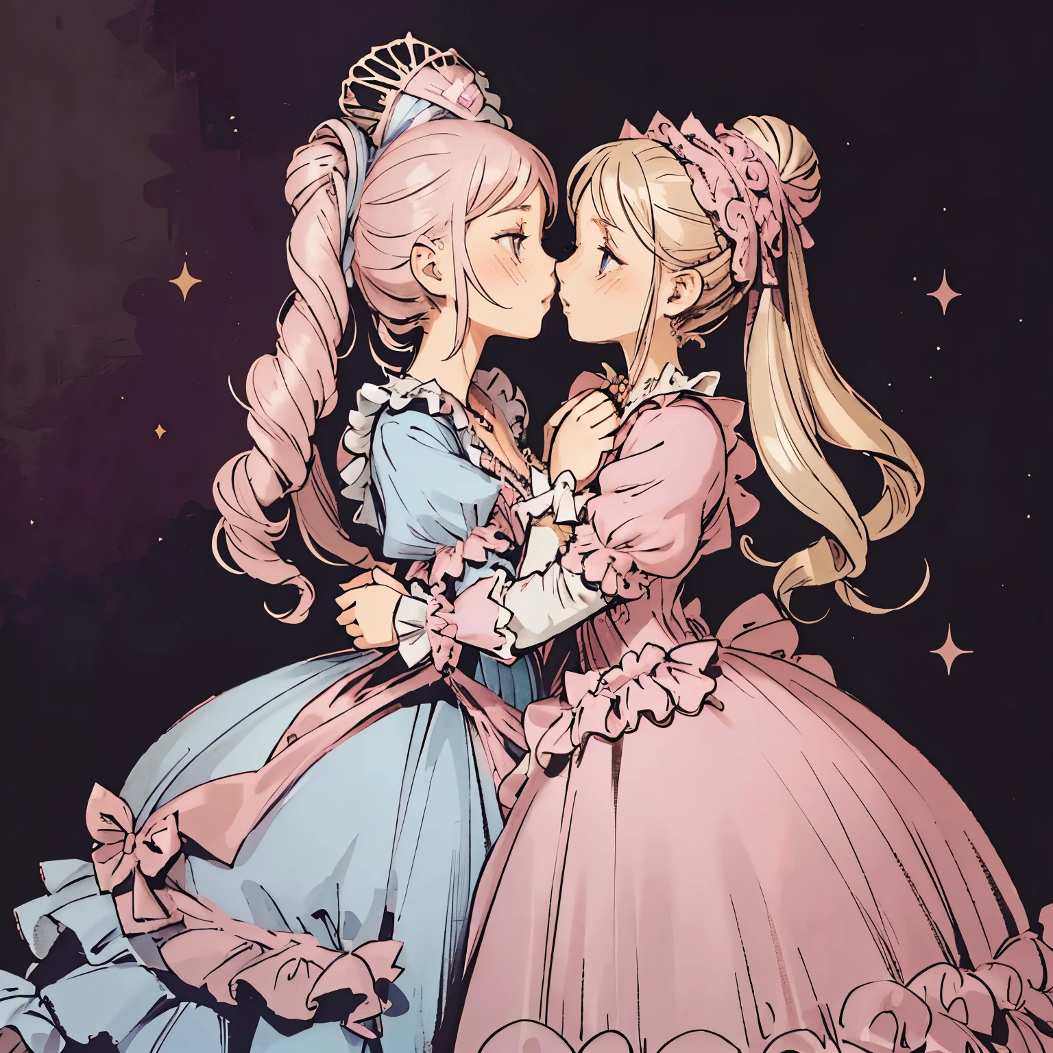 highest quality, masterpiece, highest resolution, artwork, super それにget used to it, many get used to it, get used to it, それにget used to it, woman, 10 years old,the two girls are princesses,(((A pink Marie Antoinette-like rococo-style voluminous ballgown dress))),long sleeve,ruffled sleeves,(ruffled yoke collar),long dress,A dress with lots of frills and ribbons..wears a tiara on the head,luxury,two people kiss,