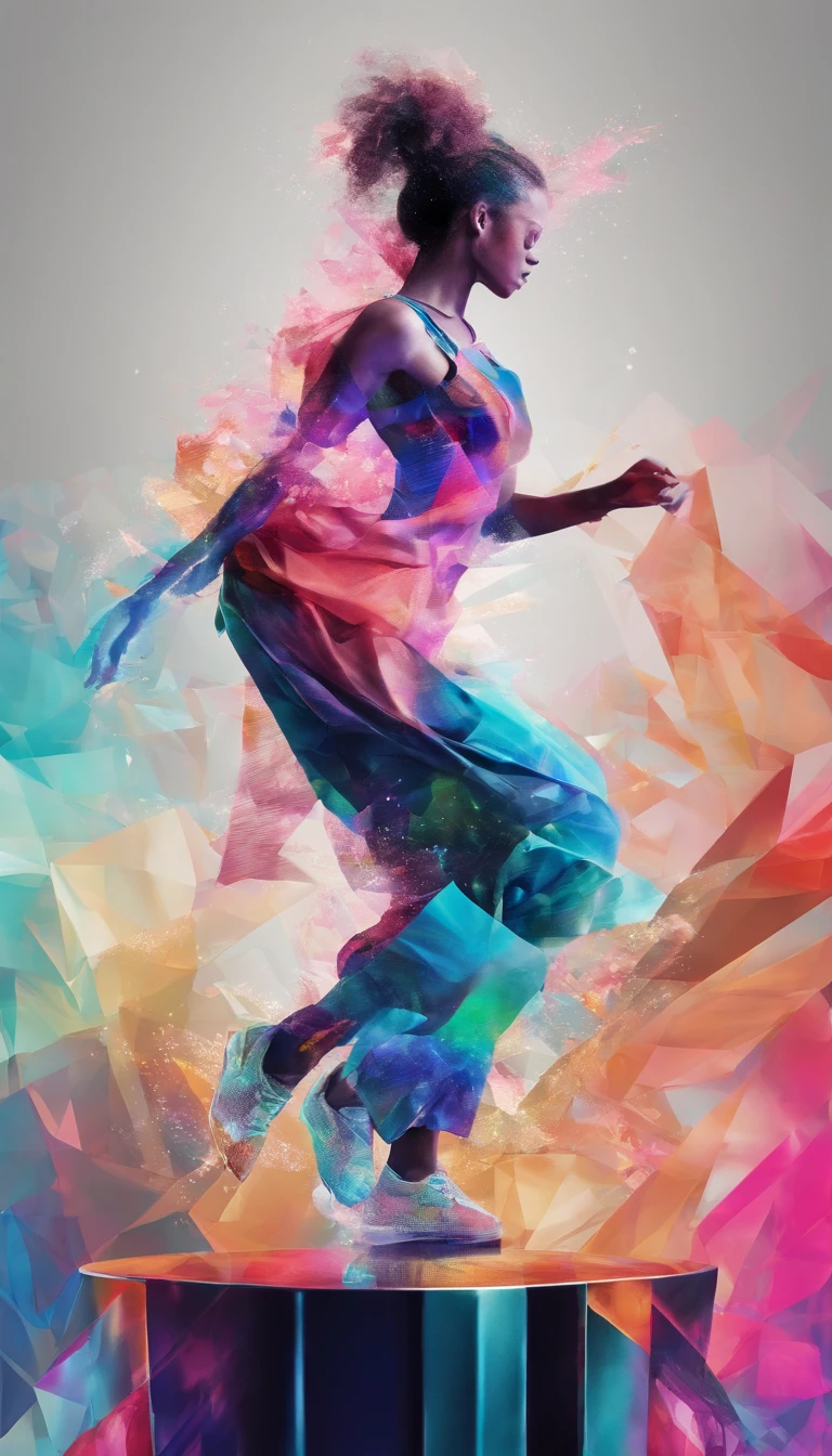 mega crystal kikro collaged dispersed image of a dancing girl on the podium in break dance style, glitch transformation in color gradient splitting and diffusion, micro mesh fractal orthogonal decor,