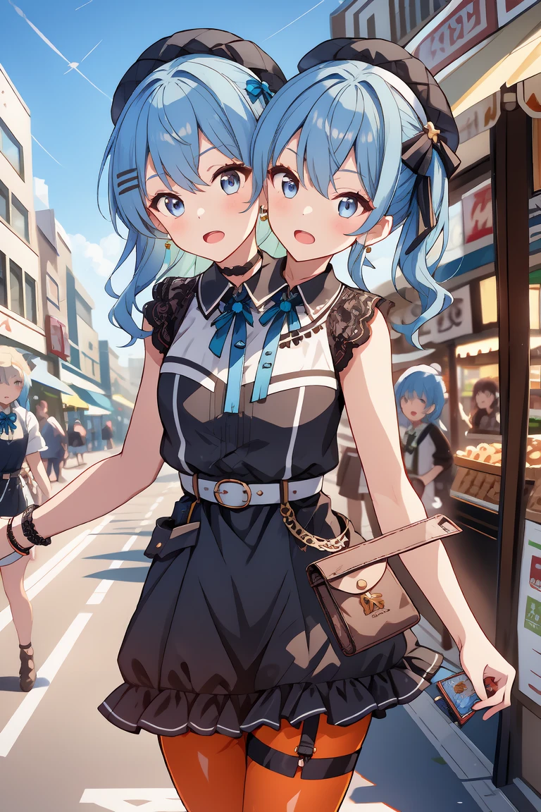 (masterpiece, best quality), best resolution, 16k, (2heads:1.5), close-up, 1girl, solo, HoshimachiSuisei, side ponytail, blue hair ribbon, SuiseiStreet, long hair, half updo, black beret, black dress, collared dress, sleeveless, bow earrings, lace choker, neck ribbon, black belt, orange pantyhose, o-ring thigh strap, single garter strap, (cheek-to-cheek), ((hand holding a wallet)), ((look around, look at the sky)), surprised, frustrating, walking, open mouth, city, Shopping Street, street vendor, morning