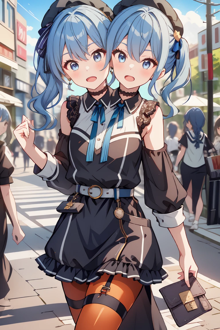 (masterpiece, best quality), best resolution, 16k, (2heads:1.5), close-up, 1girl, solo, HoshimachiSuisei, side ponytail, blue hair ribbon, SuiseiStreet, long hair, half updo, black beret, black dress, collared dress, sleeveless, bow earrings, lace choker, neck ribbon, black belt, orange pantyhose, o-ring thigh strap, single garter strap, (cheek-to-cheek), ((hand holding a wallet)), ((look around, look at the sky)), surprised, frustrating, walking, open mouth, city, Shopping Street, street vendor, morning