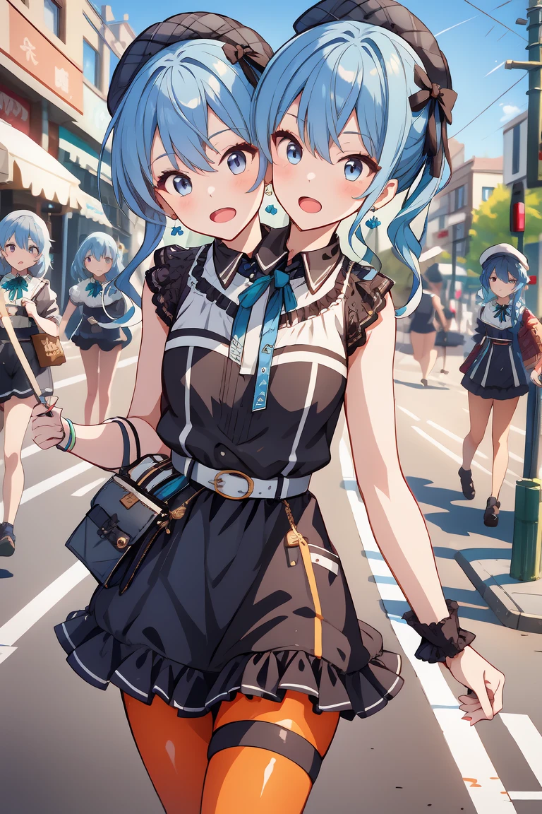 (​masterpiece、top-quality:1.1),  2 Girl,  Tattered appearance, Beautiful eyes of iridescent colors,quarrel, Rainbow Hair Color,  bangss,  Ahoge, Fight even when battered、Puffy sleeves, croptop, thighs thighs thighs thighs,  frombelow,