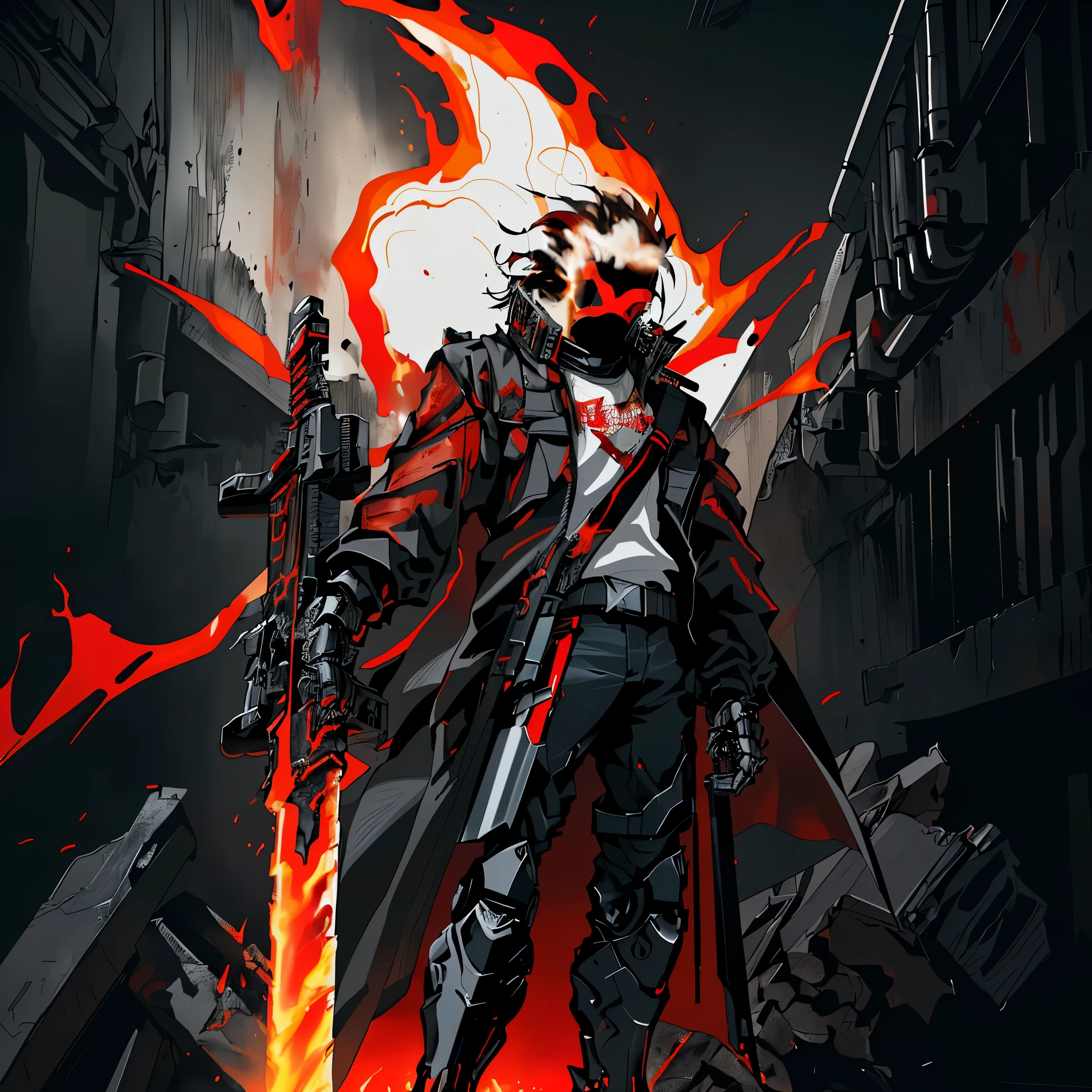 gun sword, inferno, fire, red and black,terminator,black suit, ((Black jacket)),Great Sword,Gun Blade,(red x shape eye on black metal mask),blood and fire, ((clear inferno factory background)), ((giant mechanical gun sword hold in hand)), ((white and black flame hair))