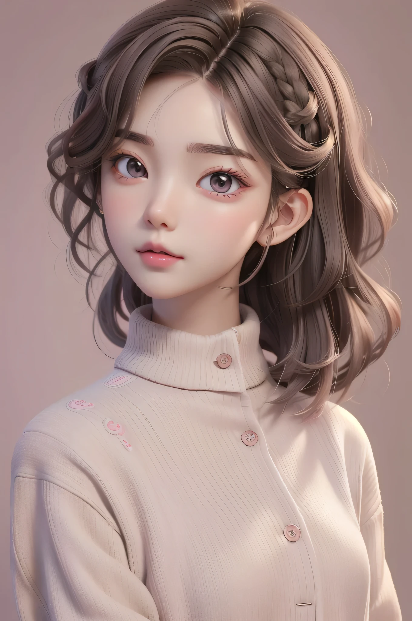 girl, Short brown hair, Grey Eyes, Sharp features, White skin, Pink Lips, Wavy Hairstyle, sweater, Brown jacket