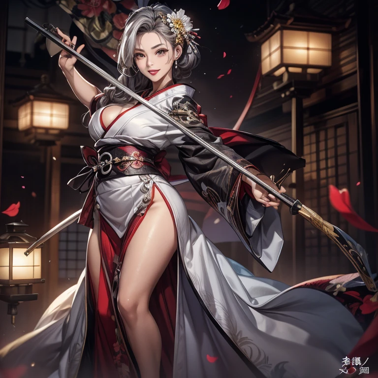 Actress Pose、True Face、From the knee up、(Dark silver hair)、Long Hair、Sex Appeal、Shiny kimono、Japanese、The beauty of kimono、Japanese military commander、Warrior、Sharp eyes、height: 180cm、Deep Red Lipstick、20-year-old、成熟したwoman、An illustration、slim and muscular、woman、aura、Updo、ponytail、I can see your thighs、Dark silver hair、Gorgeous floral patterned kimono、Studio Lighting、Big Breasts、Fancy hair accessories、Flower kanzashi、Bright yellow kimono、Look at this、Smiling with teeth showing、Confident expression、Kimono with cute flowers scattered all over、Holding a gun in both hands、Sexy female samurai、The black belt around the waist is shiny.、Silver Hair、Long Hair