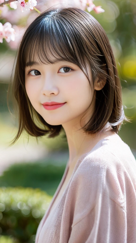 Create an image of a young Japanese woman with a soft and approachable demeanor. She has shoulder-length, straight black hair with soft bangs. She is wearing a modest, elegant dress in pastel colors. Her makeup is minimal and natural, with a focus on clear skin, light blush, and a soft pink lip color. She is standing in a traditional Japanese garden with blooming cherry blossoms, smiling gently at the camera,a beautiful japanese girl, intricate details, random hairstyle, (best quality,8k,ultra-detailed,hyper-realistic,photorealistic,masterpiece:1.3),extremely detailed face and eyes,long eyelashes,beautiful skin,flawless,natural lighting,cinematic composition,vibrant colors,stunning