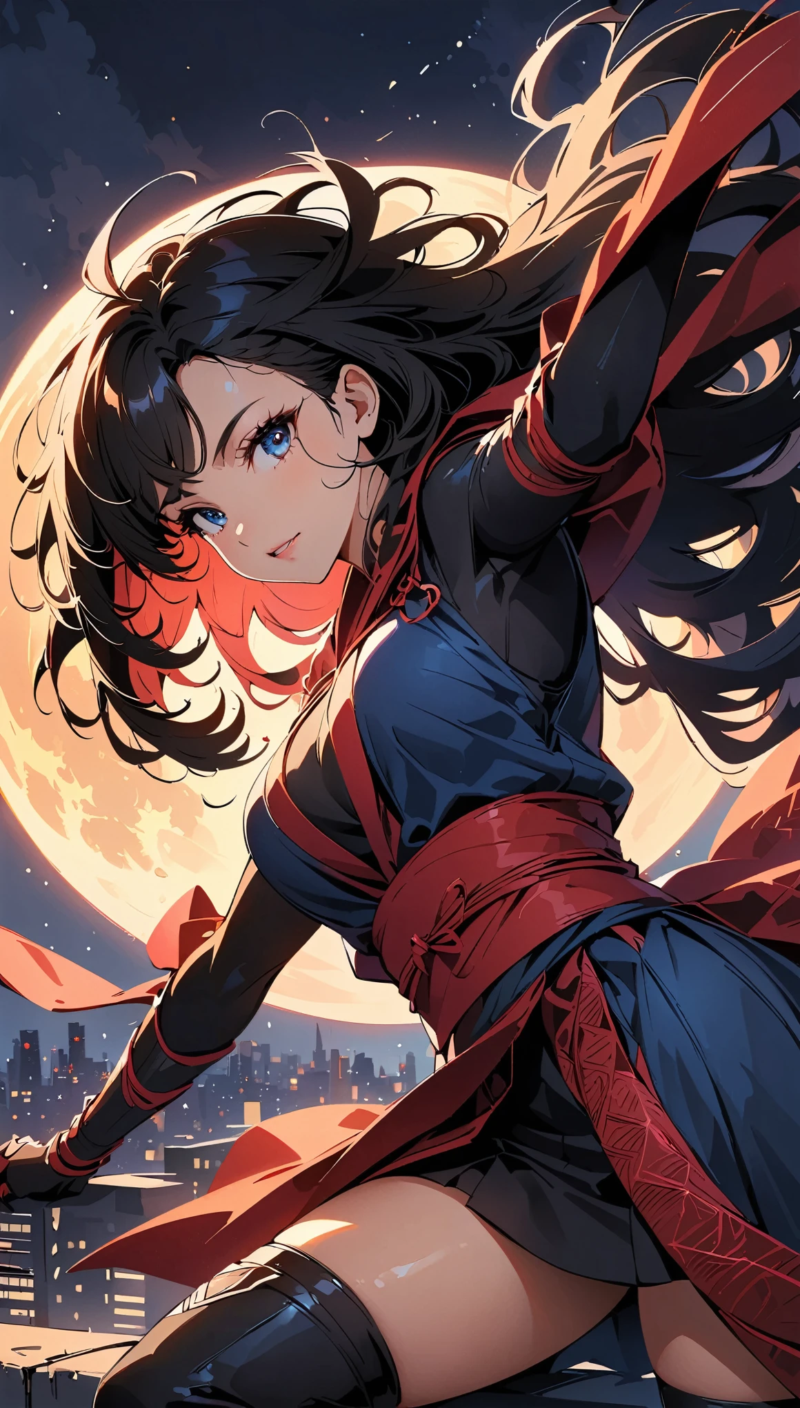 (highest quality:1.2, 4K, 8k, Very detailed, High detail, High Contrast, Anime Style, masterpiece:1.2, highest quality, Best aesthetics), woman, タイトな黒いボディスーツを着たセクシーなwoman忍者, Detailed facial features, Beautiful eyes and lips, Long eyelashes, Intricate Ninja Costume, Dynamic Ninja Pose:1.2, Digital Art, Dark moody lighting, Bright colors, Moonlit Night, Full moon background, Skyscraper rooftop.
