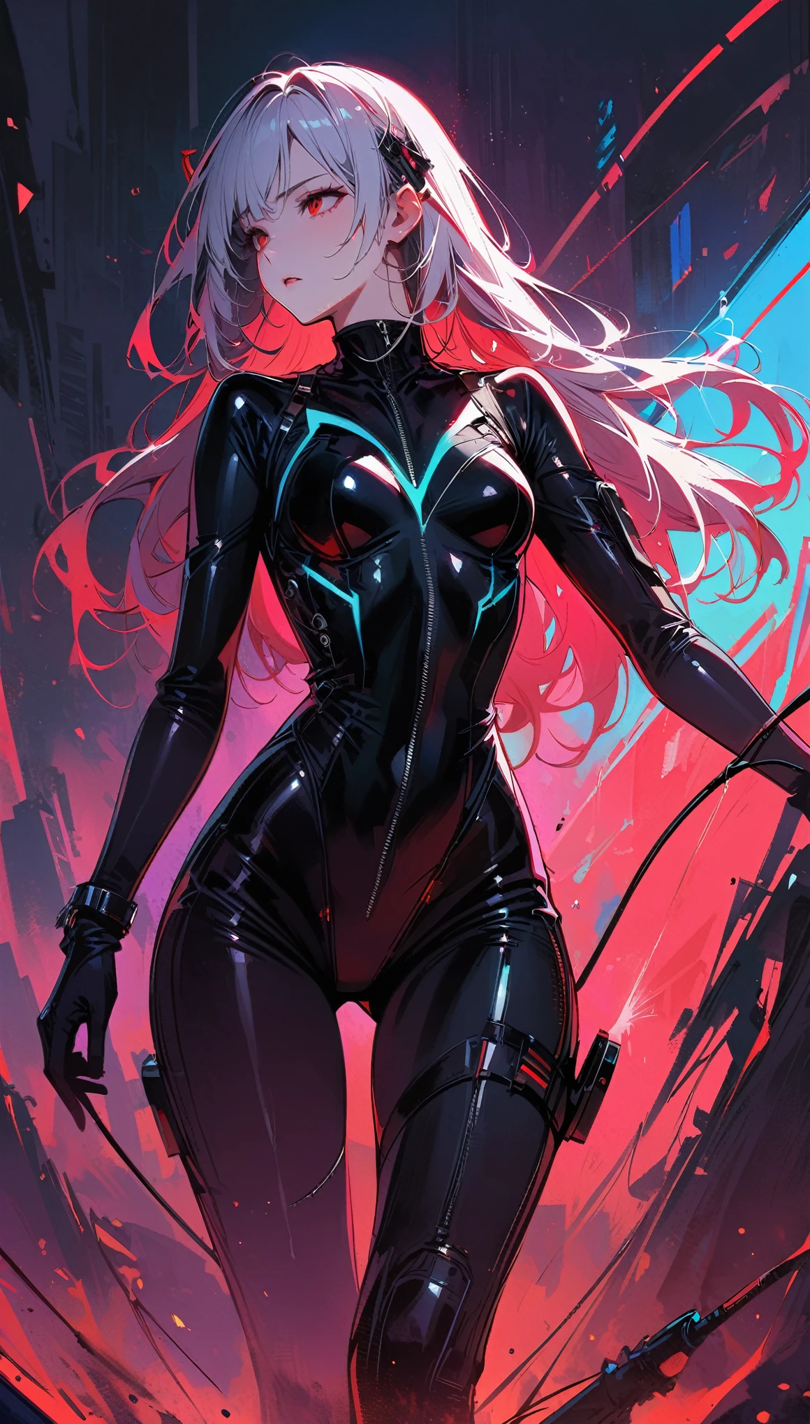 masterpiece, best quality, 8K, number, 1 girl, Solitary, stand up, youth, white hair, Long white hair, Hair accessories, Red Eyes, Round pupil, emotionless expression, Blood, Mechanical Parts, electric wire, cable, Failure Effect, Shocking, Science fiction, Futuristic, The background is darker inside, Neon, cyberpunk characters, Surrealism, Strange, Disturbing, spine-chilling, Shocking, One-piece Pants,Red Eyes,Venom,nigrescence,Long black gloves,One-piece Pants,Tight latex jumpsuit,Highlight her graceful figure,wrap the whole body,Symbiote,((Sexy highlighted)),One-piece Pants,Red Eyes,Venom,nigrescence,Long black gloves,One-piece Pants,Black latex clothing,Blood-Red Eyes,best quality, high resolution, Super detailed, Vivid texture, mask, Tight latex jumpsuit, Bangs,Purple Hair, blue eyes