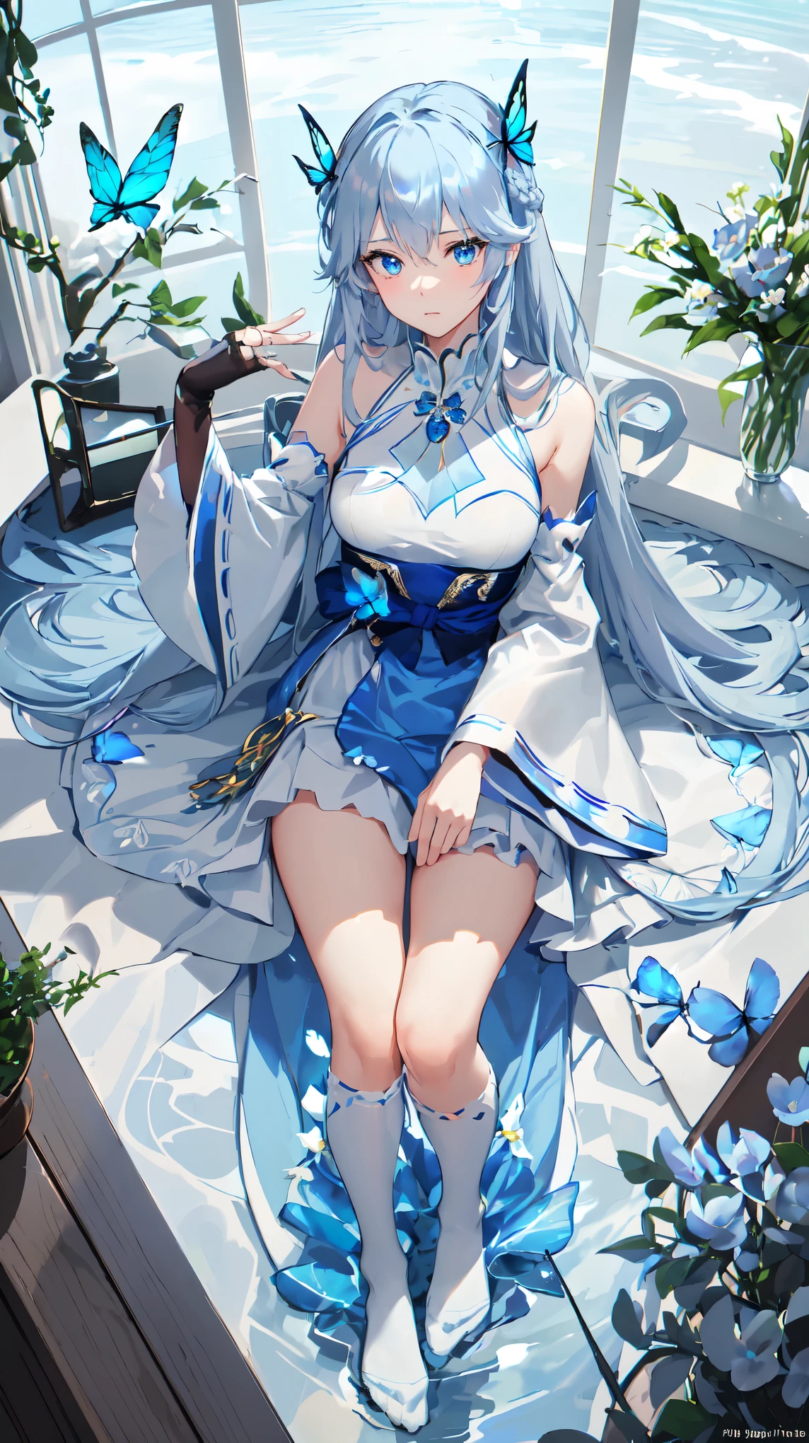 (Top view),Dynamic angle,Extremely detailed, illustration, close up, straight on, 1 Girl, (fantasy:1.4), (Blue eyes:1.233),Her eyes shone like Dreamy stars,(Glowing eyes:1.233),(Beautiful and delicate eyes:1.1),(Silver Hair:1.14),(messy hair,Very long hair,French Braid,Hair between the eyes,Side lock), (+(Blue hair flowers:1.14)),(Chiffon Dress,Blue flower pattern)/=(Uniform:1.24),(Separate sleeves,Wide sleeves),(Fingerless gloves),Necklace,(miko knee-high socks),high-heel boots,(Poker face,Shut up),(permanent), (Classical princess boudoir with dressing table and French windows in a white old palace),(White flowers,bloom),(deep sea),(flowing water),(a dull blue world tree:1.14),(ruins),(night:1.2),Dreamy,soul,(Fluorescence),(Flying translucent blue butterfly:1.15), [[Slender fingers and hands:0.55]::0.85],(Detail fingers),(yubao:0.5),