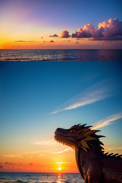 ((highest quality)), ((masterpiece)), (detailed), Front facing dragon、Sunset sky、Ocean