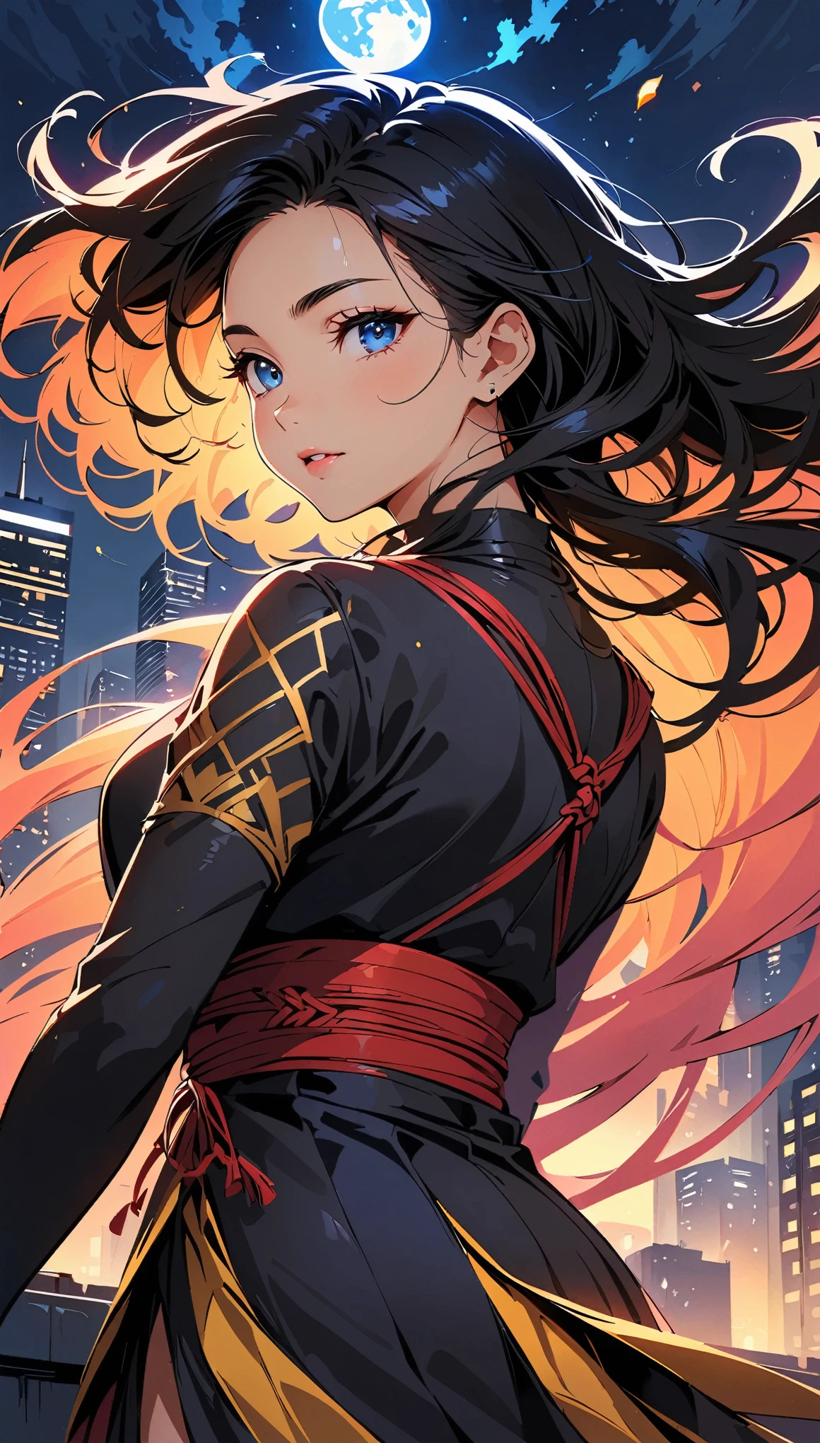 (highest quality:1.2, 4K, 8k, Very detailed, High detail, High Contrast, Anime Style, masterpiece:1.2, highest quality, Best aesthetics), woman, タイトな黒いボディスーツを着たセクシーなwoman忍者, Detailed facial features, Beautiful eyes and lips, Long eyelashes, Intricate Ninja Costume, Dynamic Ninja Pose:1.2, Digital Art, Dark moody lighting, Bright colors, Moonlit Night, Full moon background, Skyscraper rooftop.