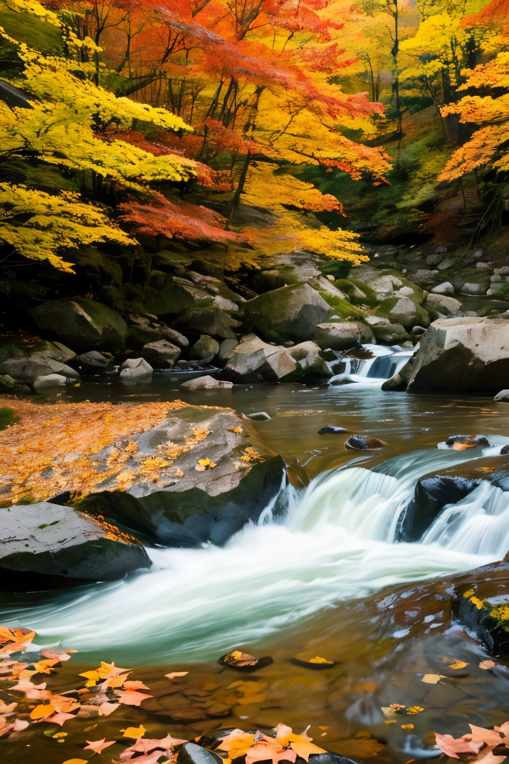 秋teethautumn leavesの保津川下り」teeth、There are rapids and huge rocks scattered around.。vivid、autumn leaves、Burning red、、、Close-up、Splash。