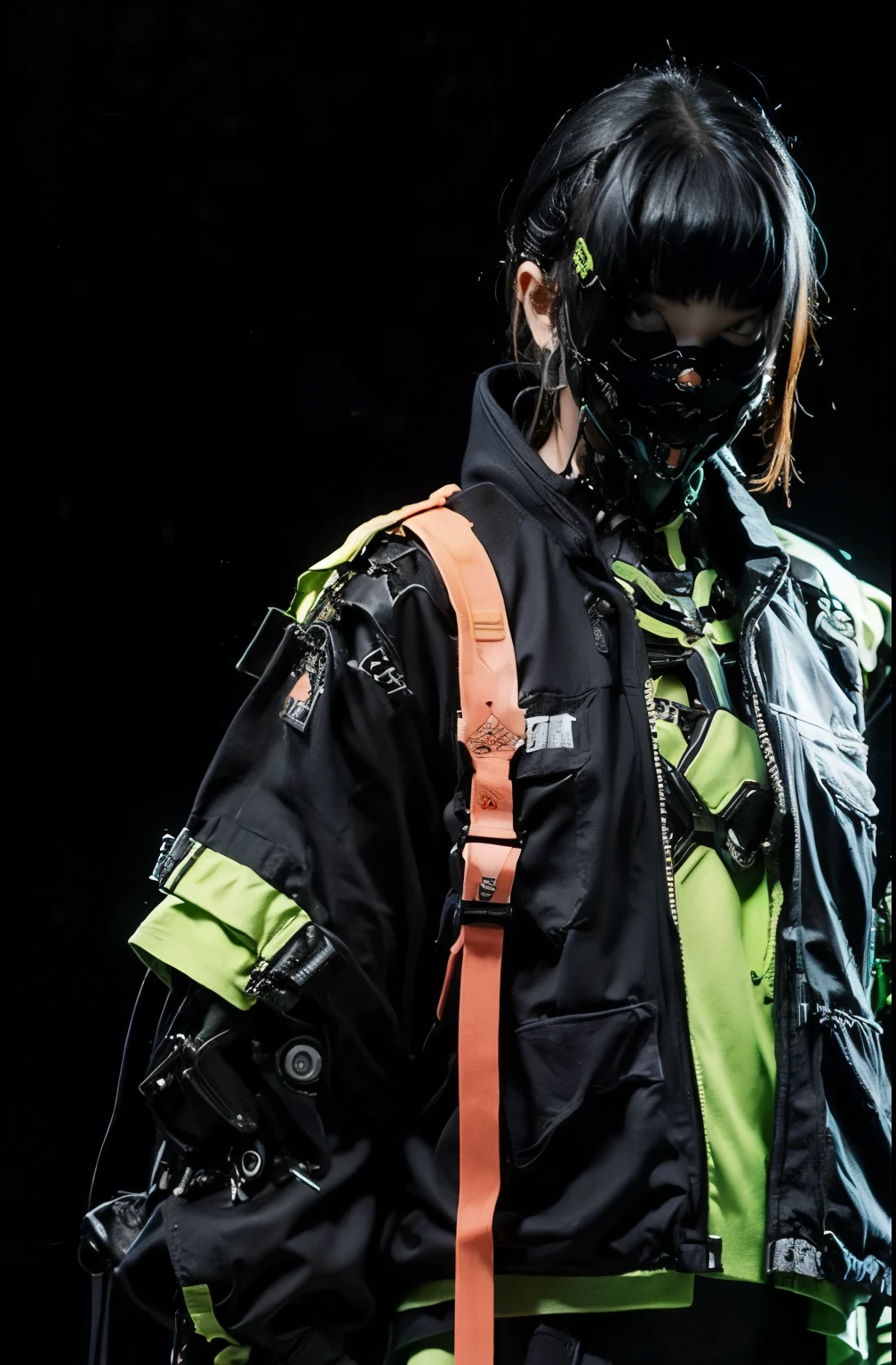 21yo girl, beautiful. (bob hair). Wearing black sweater. White background. urban techwear, neon green and black jacket, Glossy. robot body, cyborg. Dark room