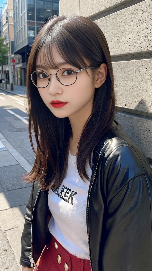 Design an image of a young Japanese woman with a modern and stylish appearance. She has short, sleek black hair with a slightly edgy cut. She is wearing trendy, oversized eyeglasses with a bold frame that adds a touch of sophistication. Her makeup is minimal but striking, with a flawless base, bold eyeliner, and a matte red lip. She is dressed in a contemporary, fashionable outfit such as a leather jacket, a graphic tee, and high-waisted pants. The background is an urban street scene with modern architecture and street art. She is leaning against a wall, looking confidently at the camera with a slight smirk,a beautiful japanese girl, intricate details, random hairstyle, (best quality,8k,ultra-detailed,hyper-realistic,photorealistic,masterpiece:1.3),extremely detailed face and eyes,long eyelashes,beautiful skin,flawless,natural lighting,cinematic composition,vibrant colors,stunning.