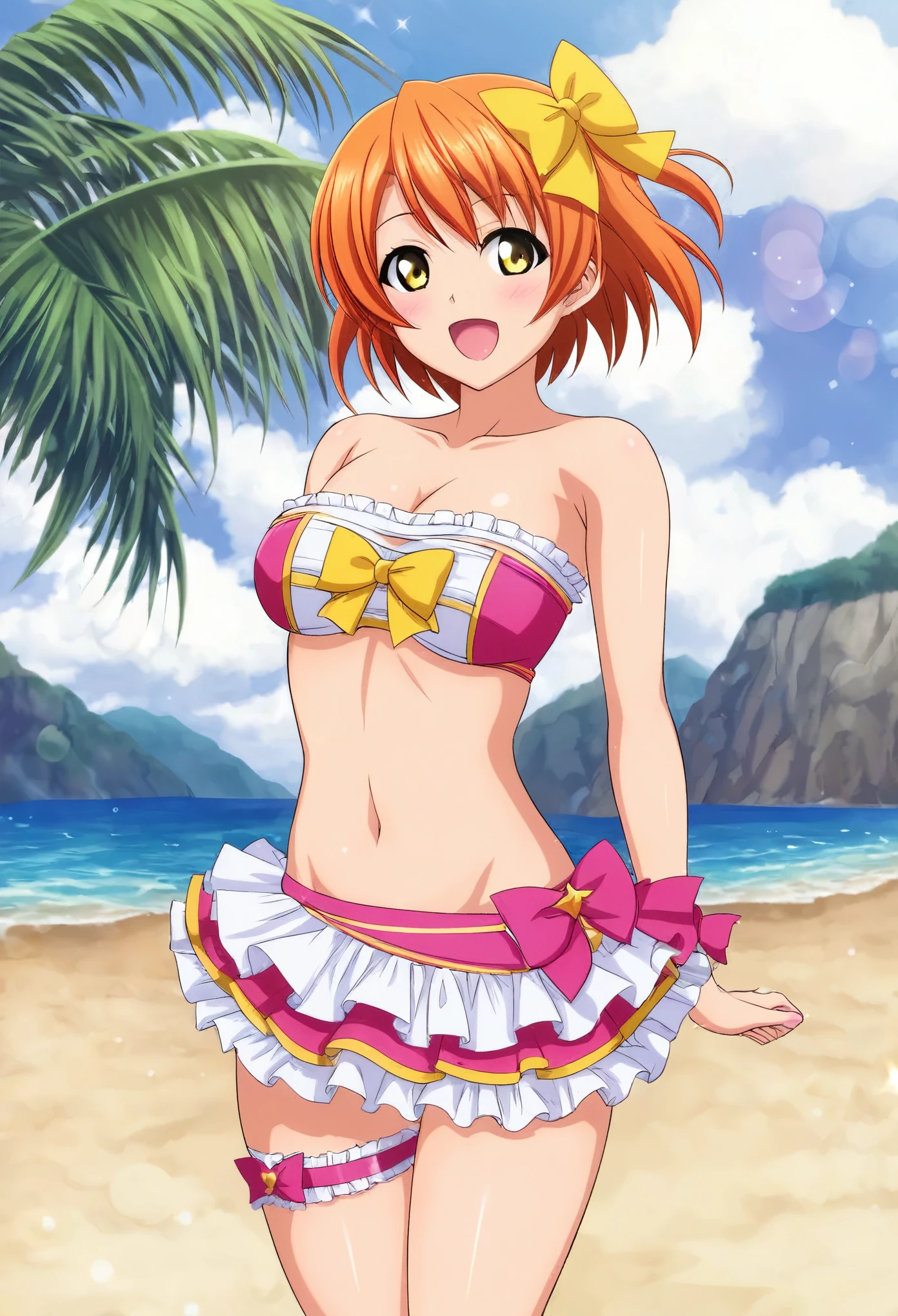 Masterpiece, best quality,Hoshizora rin,solo ,yellow eyes, short hair, orange hair, looking_at_viewer, blush,open_mouth, bow, ribbon,  :d, skirt bikini,frills,pink tube top , beach, thighs strap , standing 