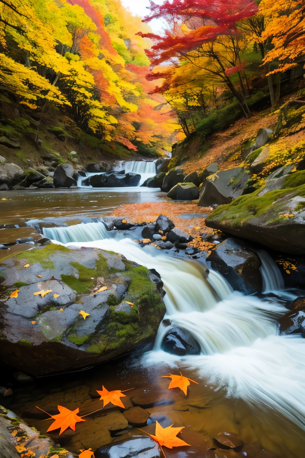 秋teethautumn leavesの保津川下り」teeth、There are rapids and huge rocks scattered around.。vivid、autumn leaves、Burning red、、、Close-up、Splash。