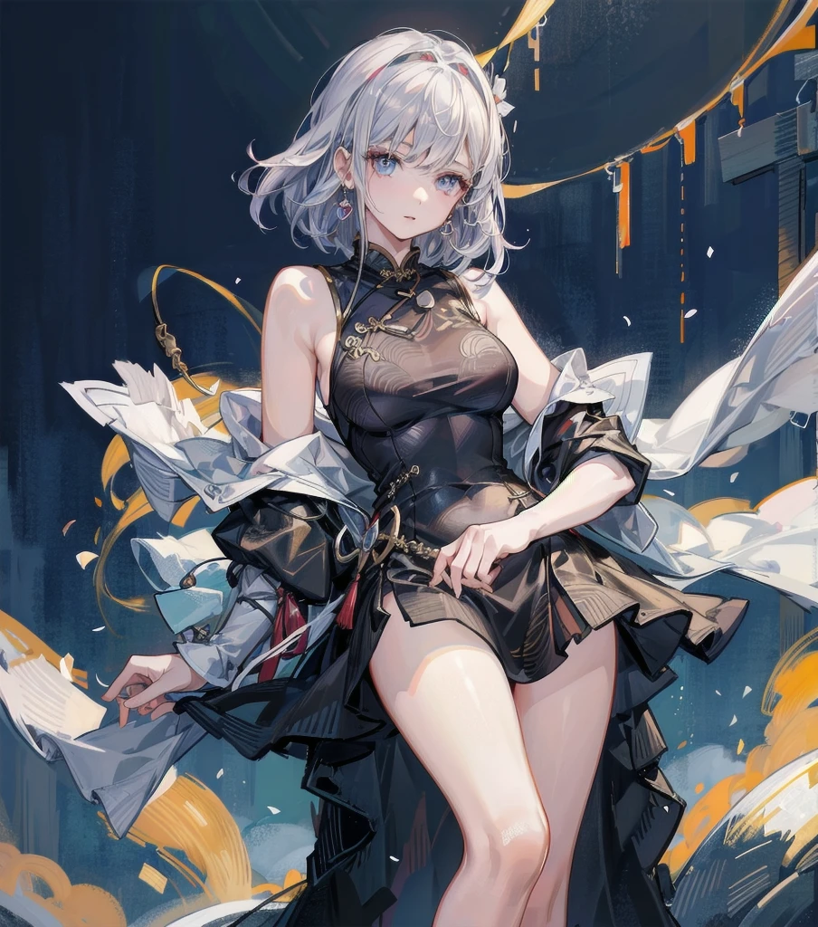 8k,High resolution RAW color art,Anime Art, (((Very detailed and cool))), Detailed skin, Blur、texture,(Exquisitely crafted, The finer details, Ultra-detailed art), (((1 girl))), Depth of written boundary, Silky Touch, Hyper Detail, (((Cool face))), eye shadow、Silver Marble Skin, Beautiful detailed red eyes, Beautiful lip detail, Very delicate face, Delicate depiction of hair and eyes, Detailed Fashion, Silver earrings,Silver Bracelet、Full body depiction, Black half top、(((Shoulder Bare)))、Black shorts、black waist cloak、black tights、 A little bit of grey hair, Straight Hair、Short Hair、(((Hair)))、water surface、silk clothes