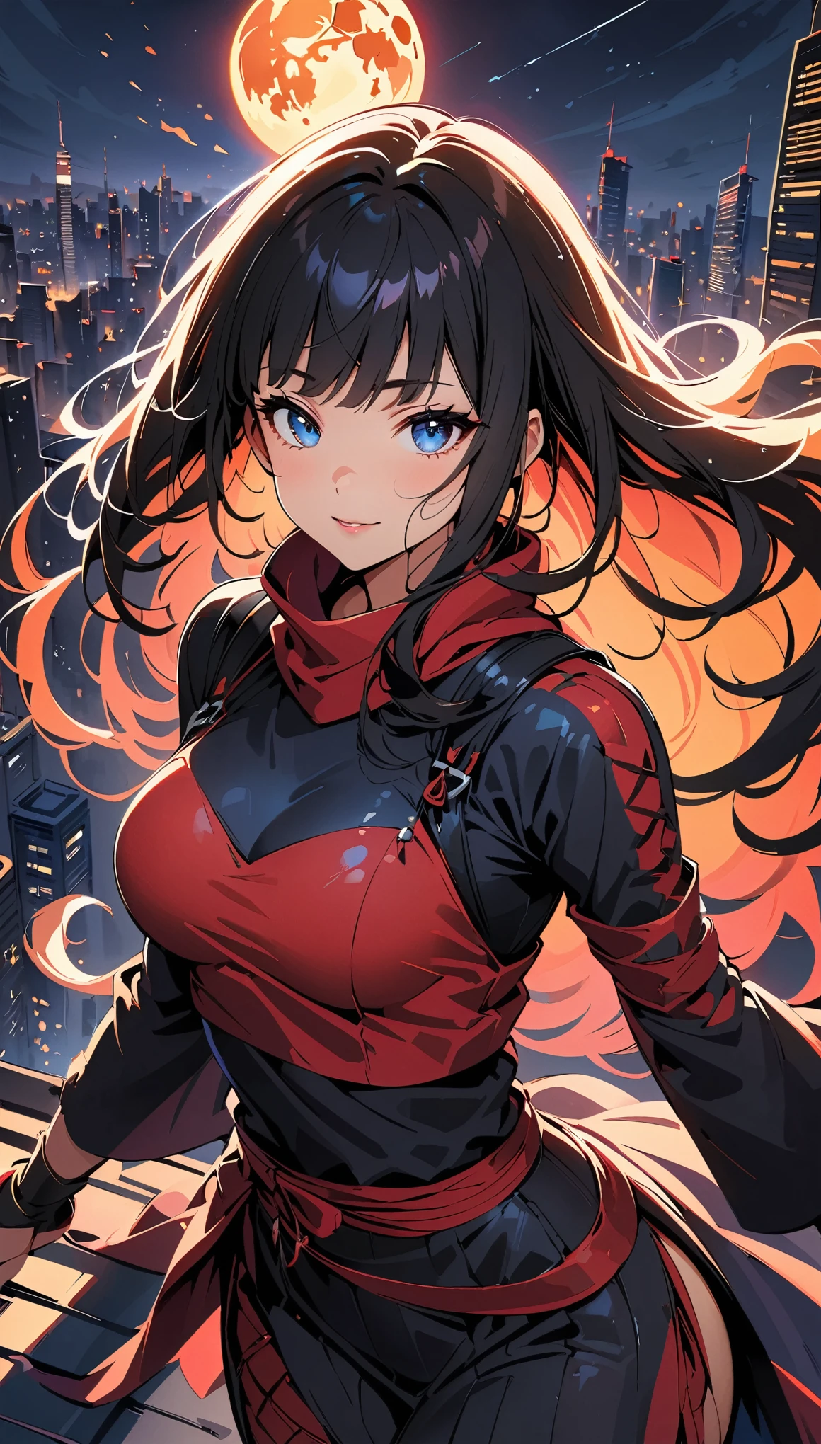 (highest quality:1.2, 4K, 8k, Very detailed, High detail, High Contrast, Anime Style, masterpiece:1.2, highest quality, Best aesthetics), woman, タイトな黒いボディスーツを着たセクシーなwoman忍者, Detailed facial features, Beautiful eyes and lips, Long eyelashes, Intricate Ninja Costume, Dynamic Ninja Pose:1.2, Digital Art, Dark moody lighting, Bright colors, Moonlit Night, Full moon background, Skyscraper rooftop.