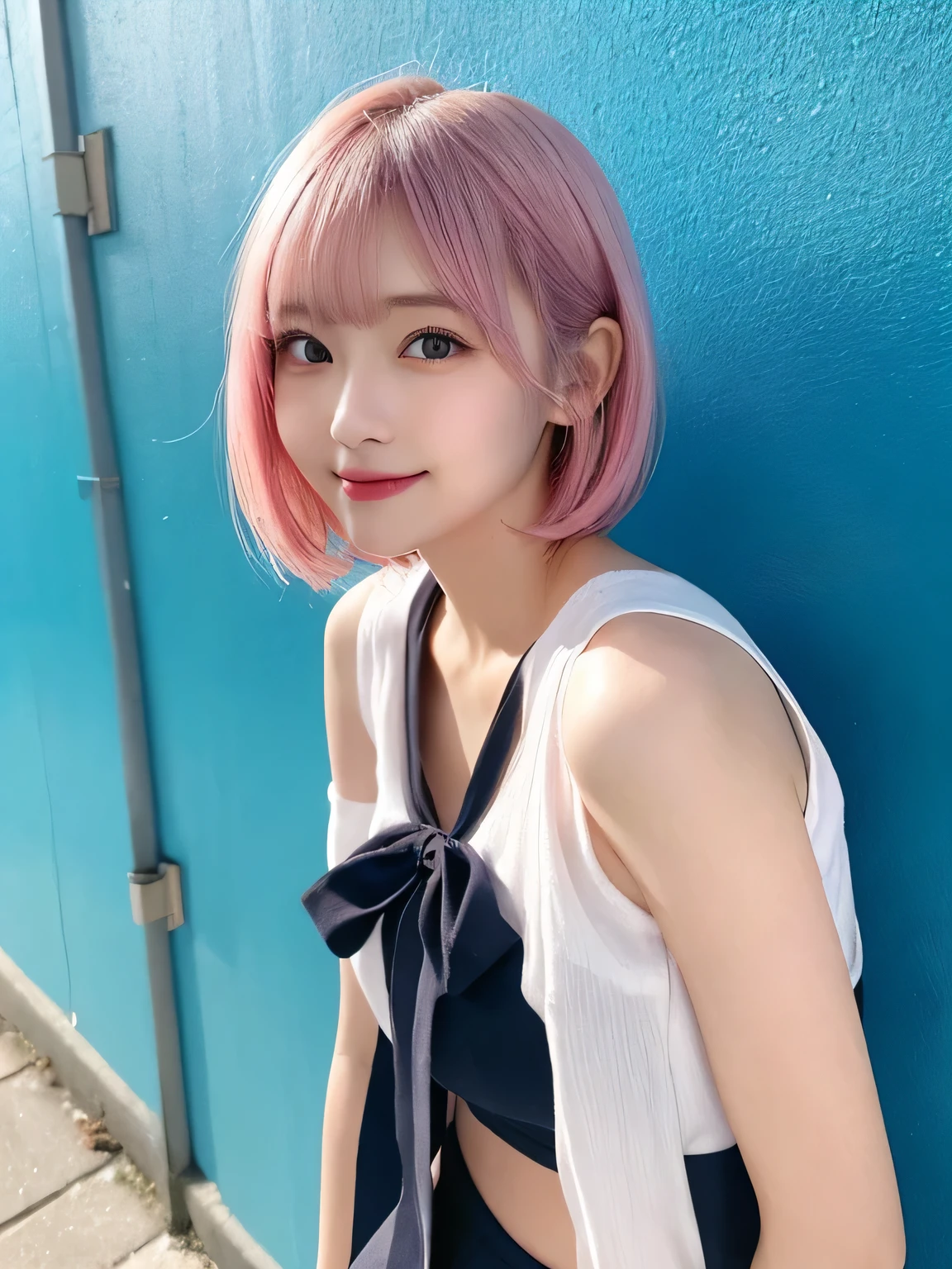 highest quality, figure, Pink Hair、sexy、slender、Pink tie、Shapely small breasts、Open front pink shirt、Red exy、Shapely small breasts、sexy、sexy、Very detailed, Fine details,Slim body、slender、Japanese girl、 High resolution, 8k,wallpaper, Perfect dynamic composition, Beautiful fine details, Short Bob Cut、Big Natural Color Lip, smile、Cold Stare,15-year-old girl、Cute type、Lolita、Good Eyes、whole body,Light blue wall,Sexy thighs are visible、
