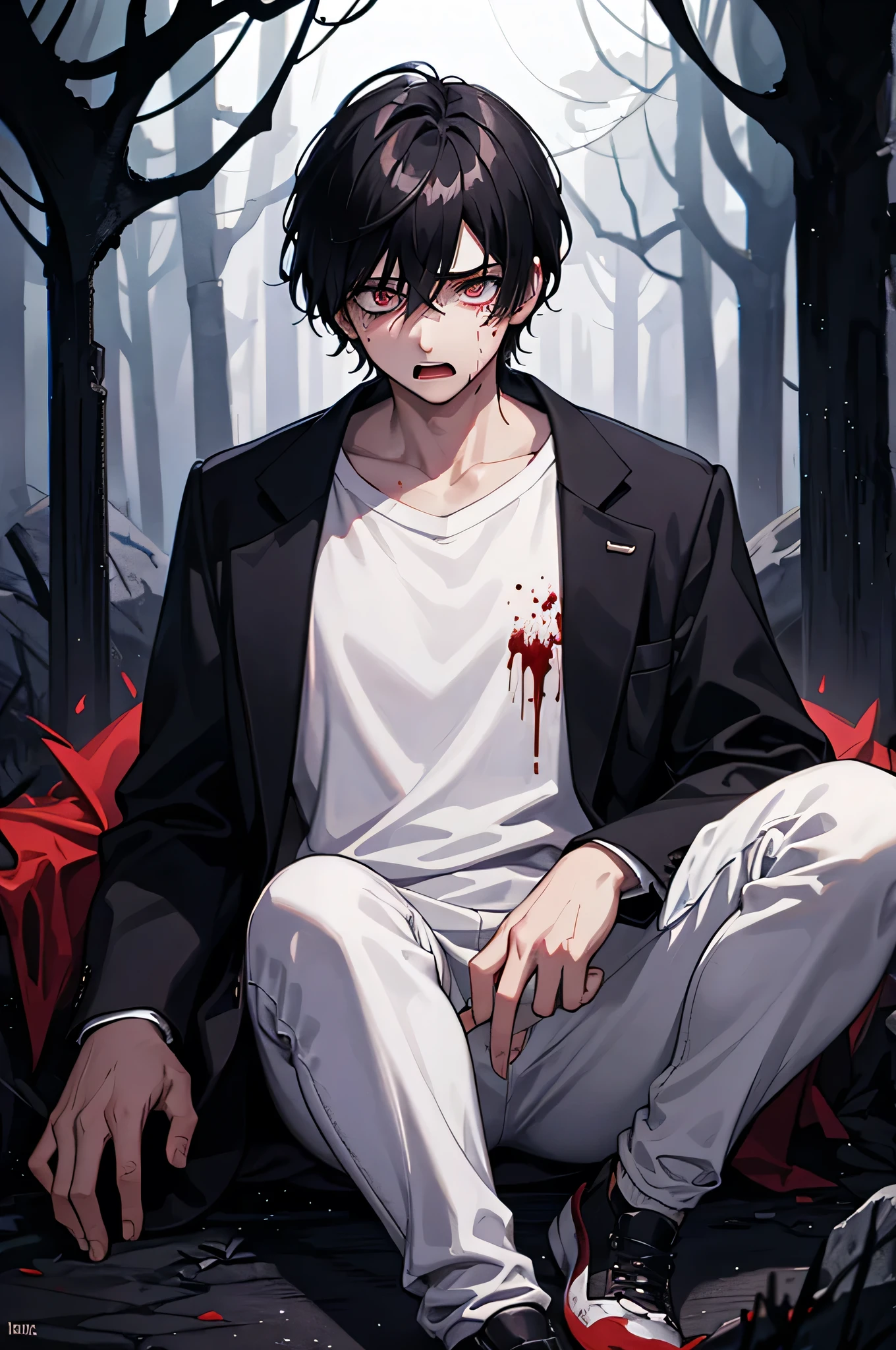 Young man, scared, zombies in background, white shirt covered in blood, black hair, night background forest, sitting down like he's about to die, horrified