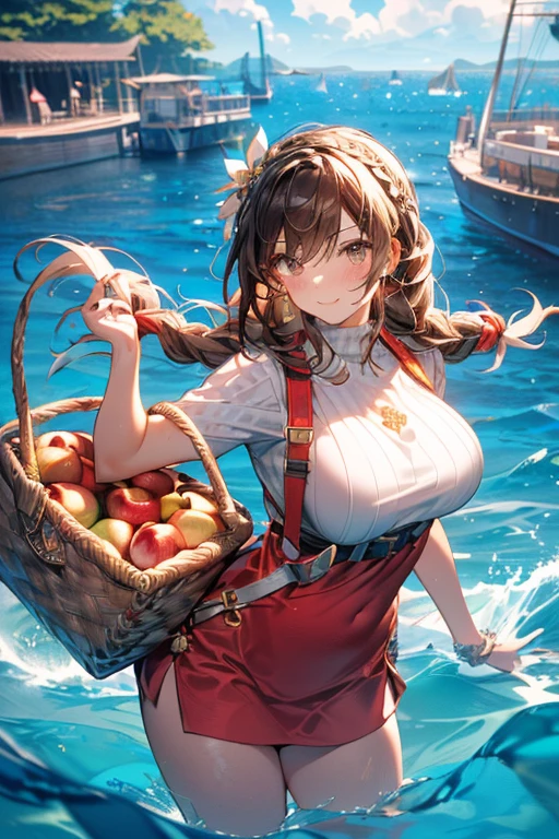 (perky chest:1.2), (pointed chest:1.2),(farmhouse entrance:1.3),(((Red Tunic:1.3))),(((apples and bread in the basket),Cute and beautiful girl,Cute round face,Cute smile,with blush cheeks,Red Lip,(brown hair,Floral braided headband,half up、Floral Braided Space Van,Voluminous Fishtail Braids,Twisted chignon,),(Bangs are see-through bangs),hair pin,hair adornments,detailed clothes features,Detailed hair features,detailed facial features,(Dynamic angles),(Dynamic and sexy poses),clothes that emphasize big breasts,Cinematic Light,(masutepiece,top-quality,Ultra-high resolution output image,depth of fields,intricate detailes,Make the subject look three-dimensional with the contrast of light and shadow,) ,(The 8k quality,Anatomically accurate facial structure,),(Sea Art 2 Mode:1.3),(Image Mode Ultra HD,)