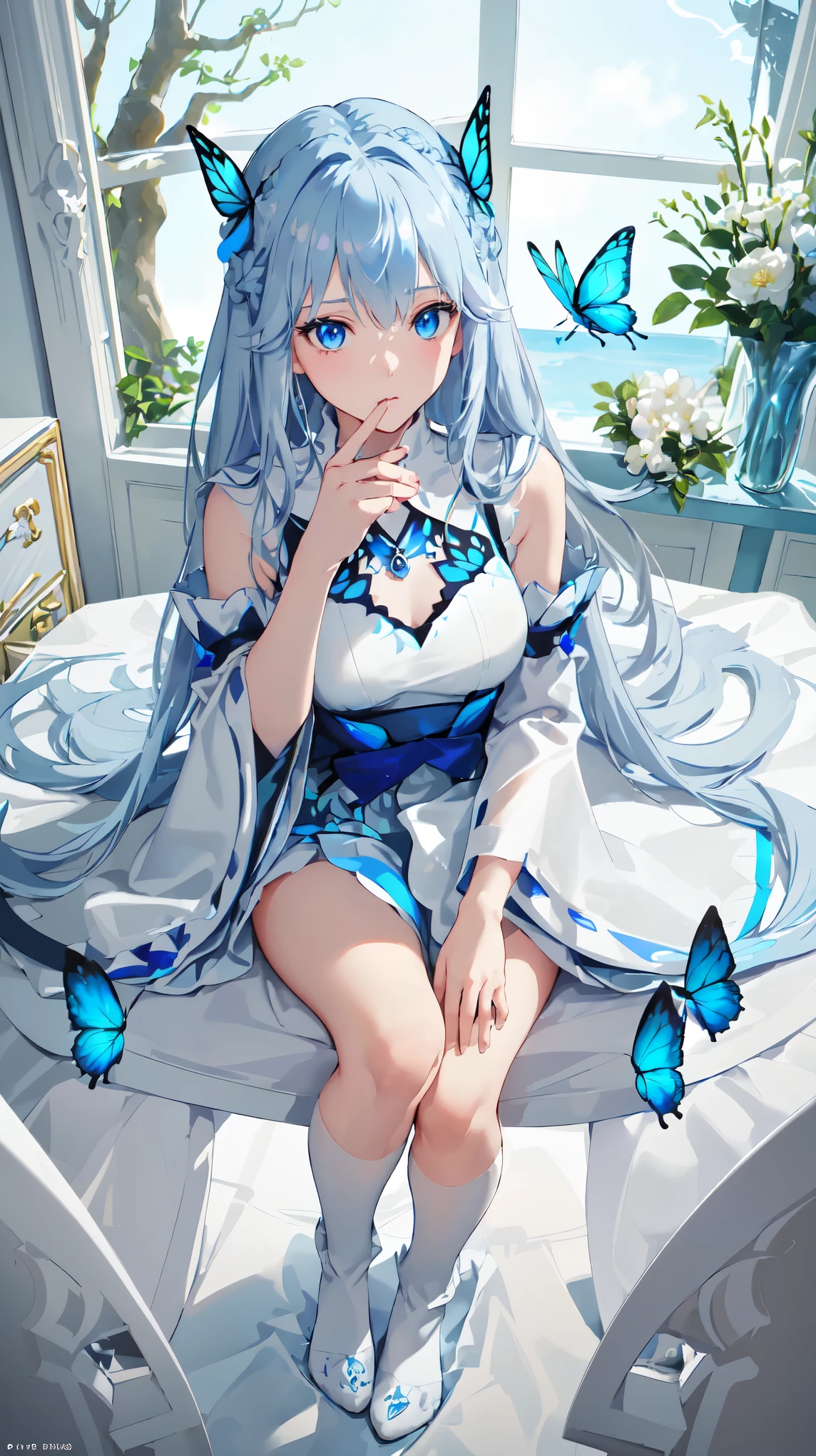 (Top view),Dynamic angle,Extremely detailed, illustration, close up, straight on, 1 Girl, (fantasy:1.4), (Blue eyes:1.233),Her eyes shone like Dreamy stars,(Glowing eyes:1.233),(Beautiful and delicate eyes:1.1),(Silver Hair:1.14),(messy hair,Very long hair,French Braid,Hair between the eyes,Side lock), (+(Blue hair flowers:1.14)),(Chiffon Dress,Blue flower pattern)/=(Uniform:1.24),(Separate sleeves,Wide sleeves),(Fingerless gloves),Necklace,(miko knee-high socks),high-heel boots,(Poker face,Shut up),(permanent), (Classical princess boudoir with dressing table and French windows in a white old palace),(White flowers,bloom),(deep sea),(flowing water),(a dull blue world tree:1.14),(ruins),(night:1.2),Dreamy,soul,(Fluorescence),(Flying translucent blue butterfly:1.15), [[Slender fingers and hands:0.55]::0.85],(Detail fingers),(yubao:0.5),