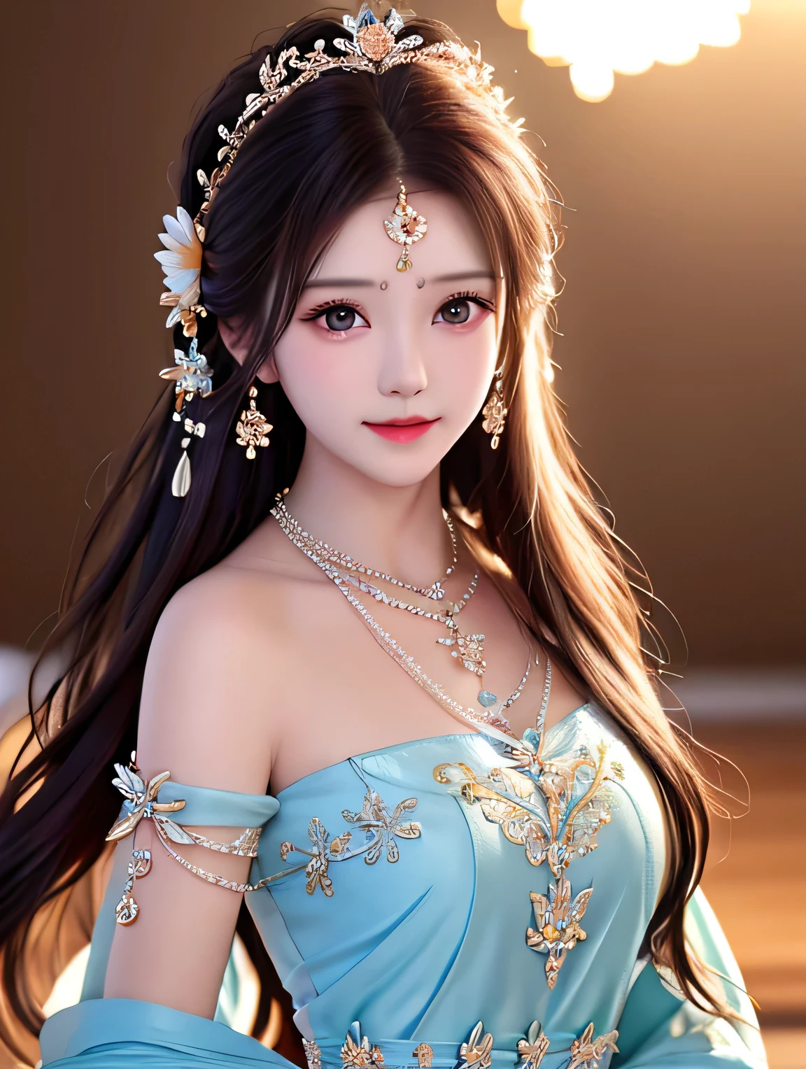 best quality, Masterpiece, high resolution, 1 beautiful girl, bare, hair accessories, necklace, decorations, Beautiful face, on the body, Tyndall Effect, realistic, Dark Studio, Edge lighting, Two-tone lights, (Highly detailed skin: 1.2), 8k uhd, DSLR, soft light, High quality, Volumetric light, Straightforward, photograph, high resolution, 4k, 8ก, blurred background,