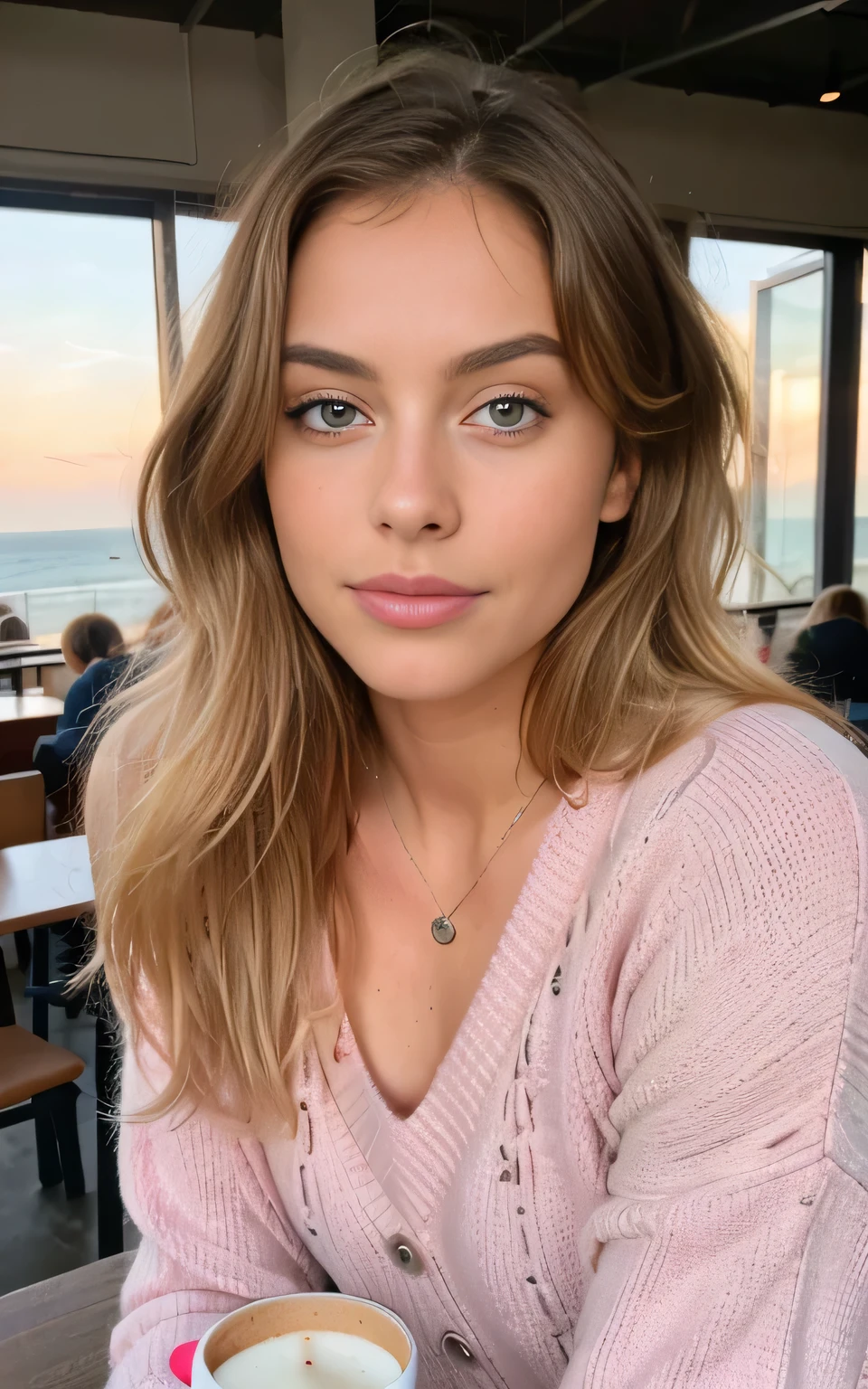 Beautiful blonde in pink sweater (Drinking coffee in a modern cafe at sunset), Very detailed, 21 years old, innocent face, Natural wavy hair, blue eyes, high resolution, masterpiece, best quality, Intricate details, Very detailed, Clear focus, Delicate skin, Practical skin texture, texture, delicate eyes, professional, 4k, Charming smile, Shooting with Canon, 85 mm, Shallow and deep,  Kodak Vision Color, Perfect fit, Very detailed, photo_\(extremist\), photoPractical, Practical, Post-Processing, Maximum details, Roughness, real life, extremist Practical, Photorealism, photography, 8K Ultra HD, photography