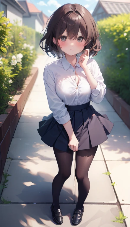 One Girl、Positive、From above、Full body portrait、Brown haired、Medium Haircut、blush、Absolute area、Knee socks、stockings、pantyhose、lace pantyhose、White underwear、Cleavage、Light blue cut shirt、Unbutton your shirt、Shirt buttons fly off、Navy blue checkered pleated skirt、Very short skirt、garden、Daytime、(Very big boobs)、((Full Body Lesbian))、masterpiece、(highest quality)、Panties around the ankles、loafers、The wind blows up my skirt