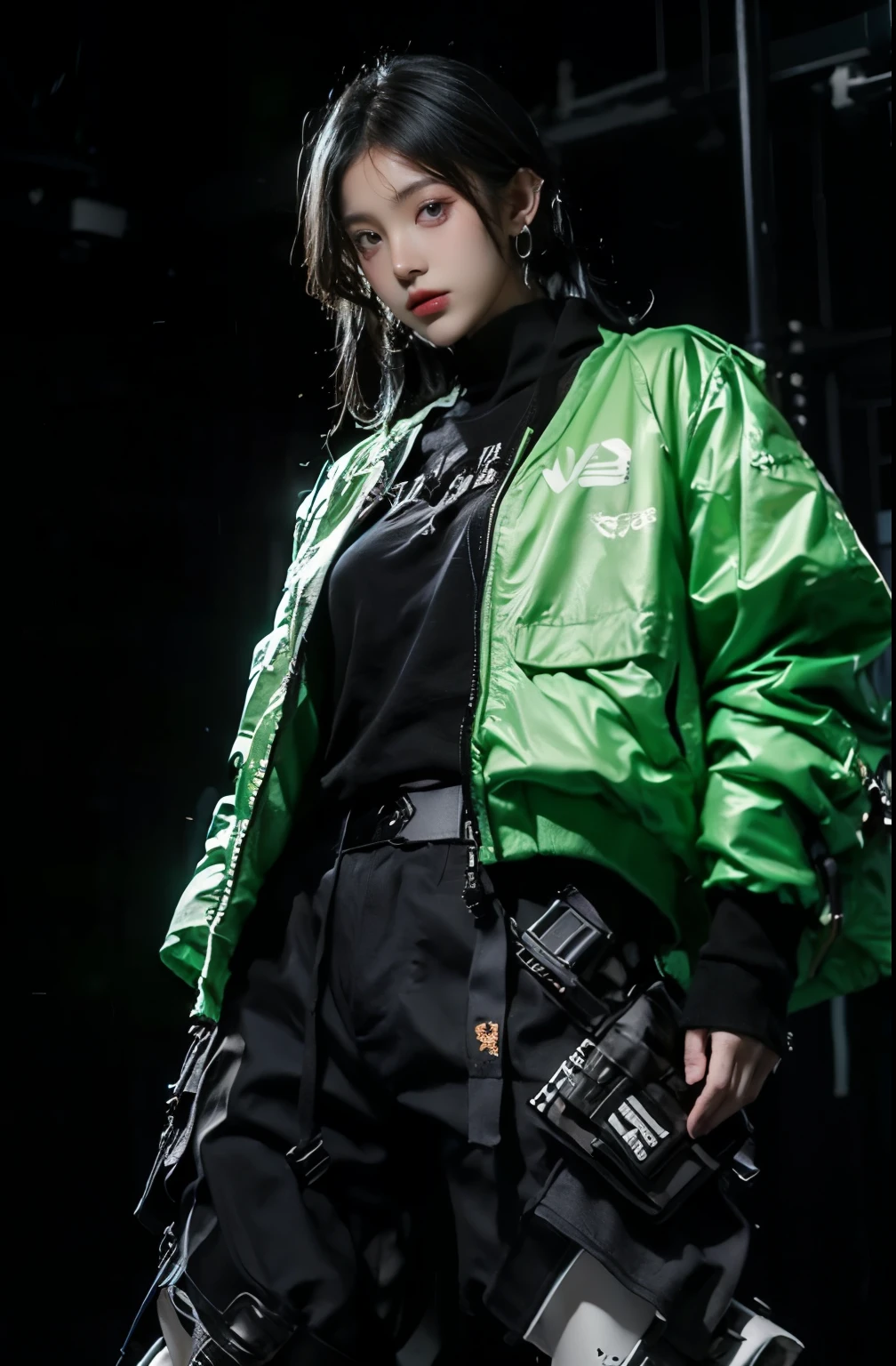 21yo girl, beautiful. (bob hair). Wearing black sweater. White background. urban techwear, neon green and black jacket, Glossy. robot arms and legs. Dark room