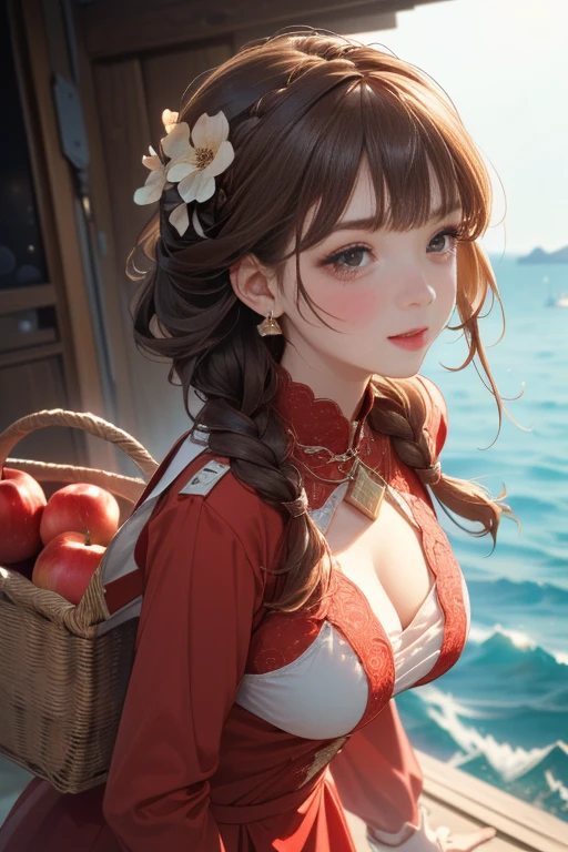 (perky chest:1.2), (pointed chest:1.2),(farmhouse entrance:1.3),(((Red Tunic:1.3))),(((apples and bread in the basket),Cute and beautiful girl,Cute round face,Cute smile,with blush cheeks,Red Lip,(brown hair,Floral braided headband,half up、Floral Braided Space Van,Voluminous Fishtail Braids,Twisted chignon,),(Bangs are see-through bangs),hair pin,hair adornments,detailed clothes features,Detailed hair features,detailed facial features,(Dynamic angles),(Dynamic and sexy poses),clothes that emphasize big breasts,Cinematic Light,(masutepiece,top-quality,Ultra-high resolution output image,depth of fields,intricate detailes,Make the subject look three-dimensional with the contrast of light and shadow,) ,(The 8k quality,Anatomically accurate facial structure,),(Sea Art 2 Mode:1.3),(Image Mode Ultra HD,) 
