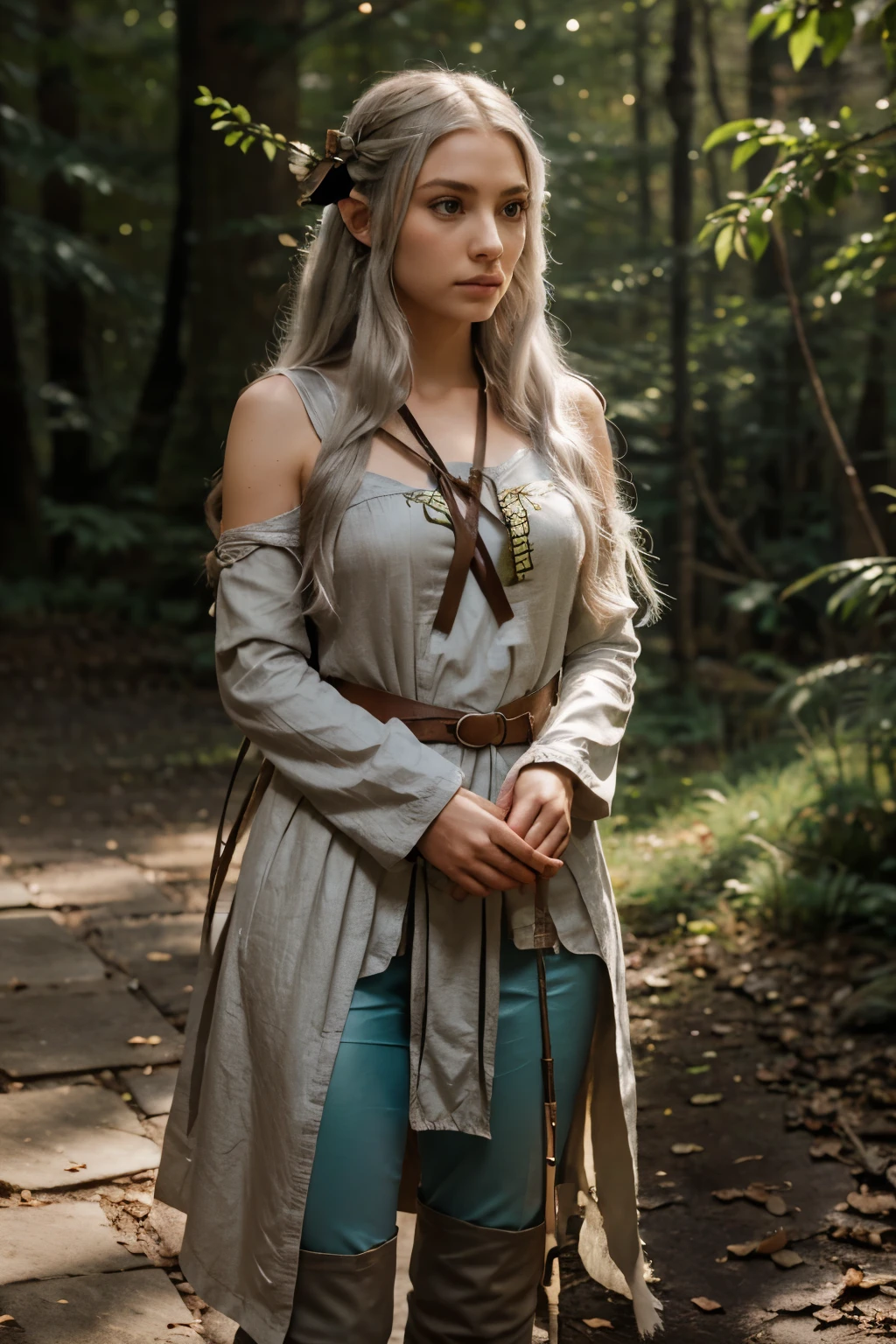 Elaina has long light silver hair, covering her shoulders, and eyes the color of moonlight. She's tall and slender, with graceful features and graceful posture.
- Cloth: She is wearing a light linen shirt and wide leggings, decorated with elven patterns. A small leather bag hangs from his belt., and on the back - a bow and a quiver of arrows.
- Weapons and skills: Elaina wields a bow and arrow, as well as the magic of forest blossoms, allowing her to summon plants from the surrounding nature for defense and attack.
- Character: She is wise, good and brave, always ready to help her comrades and protect nature from evil.
