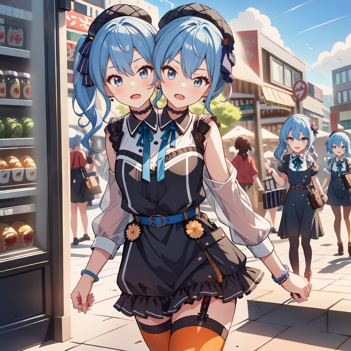 (masterpiece, best quality), best resolution, 16k, (2heads:1.5), close-up, 1girl, solo, HoshimachiSuisei, side ponytail, blue hair ribbon, SuiseiStreet, long hair, half updo, black beret, black dress, collared dress, sleeveless, bow earrings, lace choker, neck ribbon, black belt, orange pantyhose, o-ring thigh strap, single garter strap, (cheek-to-cheek), ((hand holding a wallet)), ((look around, look at the sky)), surprised, frustrating, walking, open mouth, city, Shopping Street, street vendor, morning